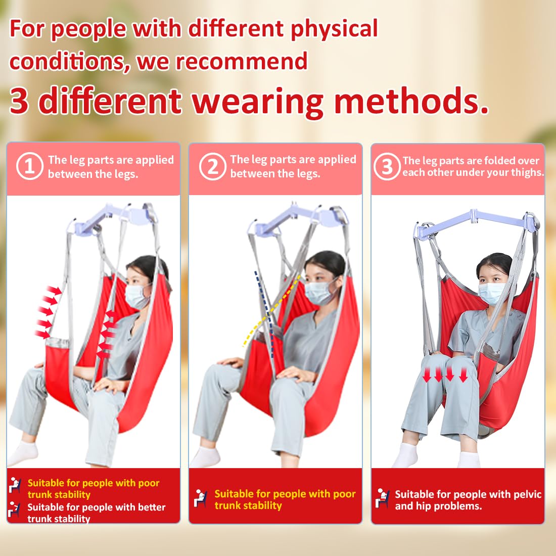 EZ Assistive Eslinga de pierna dividida para levantamiento de pacientes con espalda baja, correa de elevación para transferencia, posicionamiento y elevación, capacidad de peso de 500 libras (S-rojo)