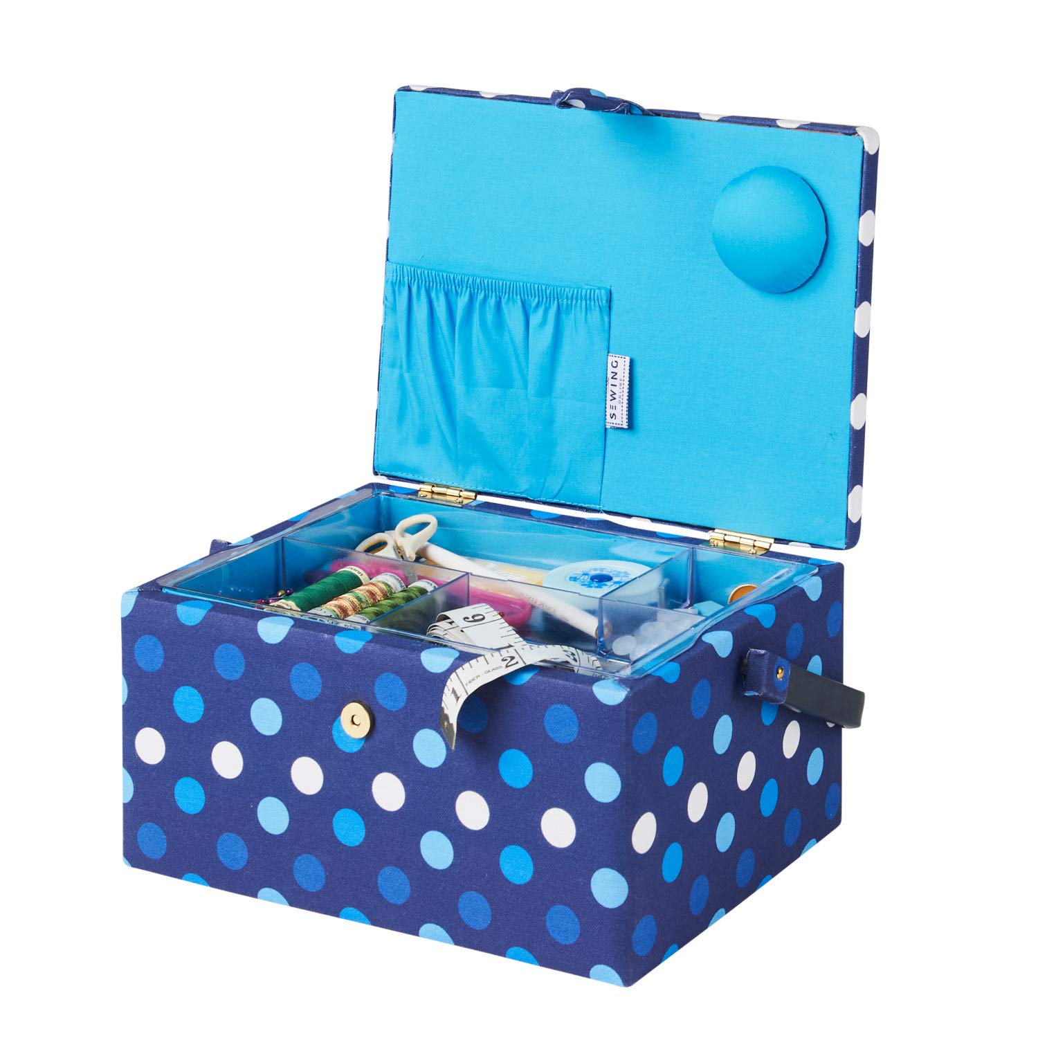 Scatola da cucito media con scomparti ricoperti di tessuto blu navy con macchie blu e bianche. 18,5x26x15 cm. Cucito in linea GA1123M
