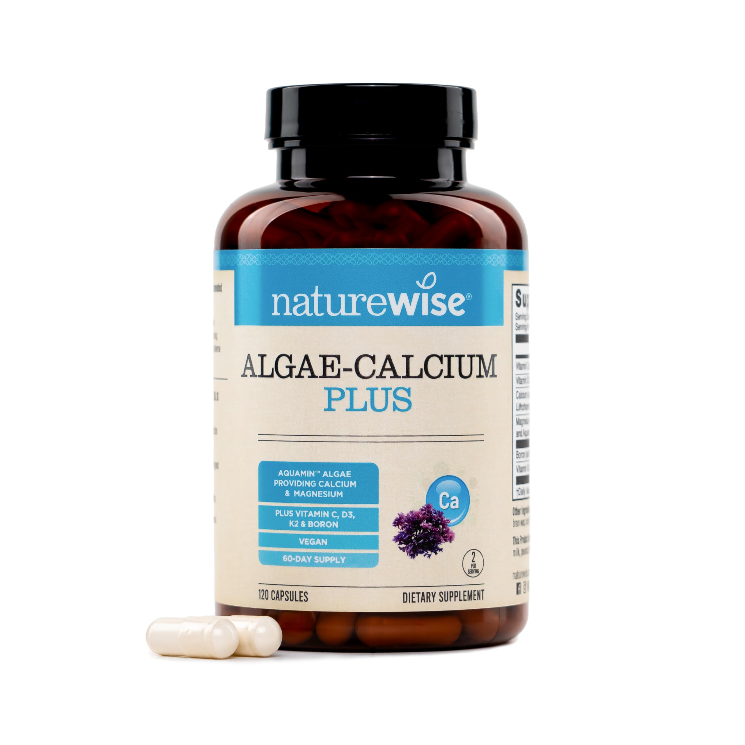 NatureWise Algae Calcium Plus - with Aquamin Calcium, Magnesium, Vitamin C, D3, and K2 - Vegan Algae Calcium Supplements for Women & Men - Bone Health Support - Non-GMO - 120 Capsules[60-Day Supply]