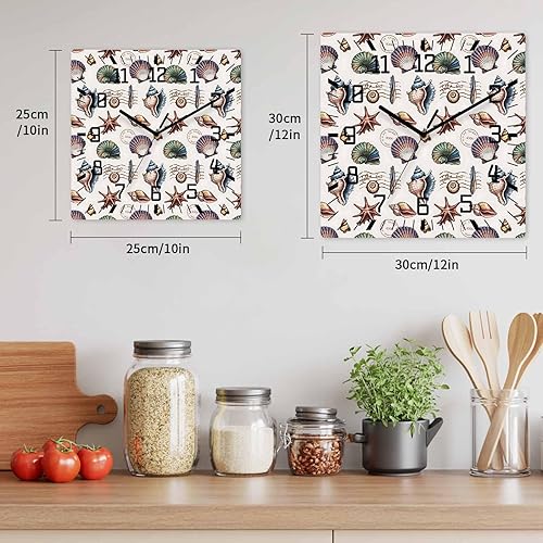 Miniatura 6 de Debedcor Ocean Beach Wooden Wall Clock Silent Non Ticking, Starfish Seashell Conch Black and White Square Wall Clock Battery Operated, Decor Clock
