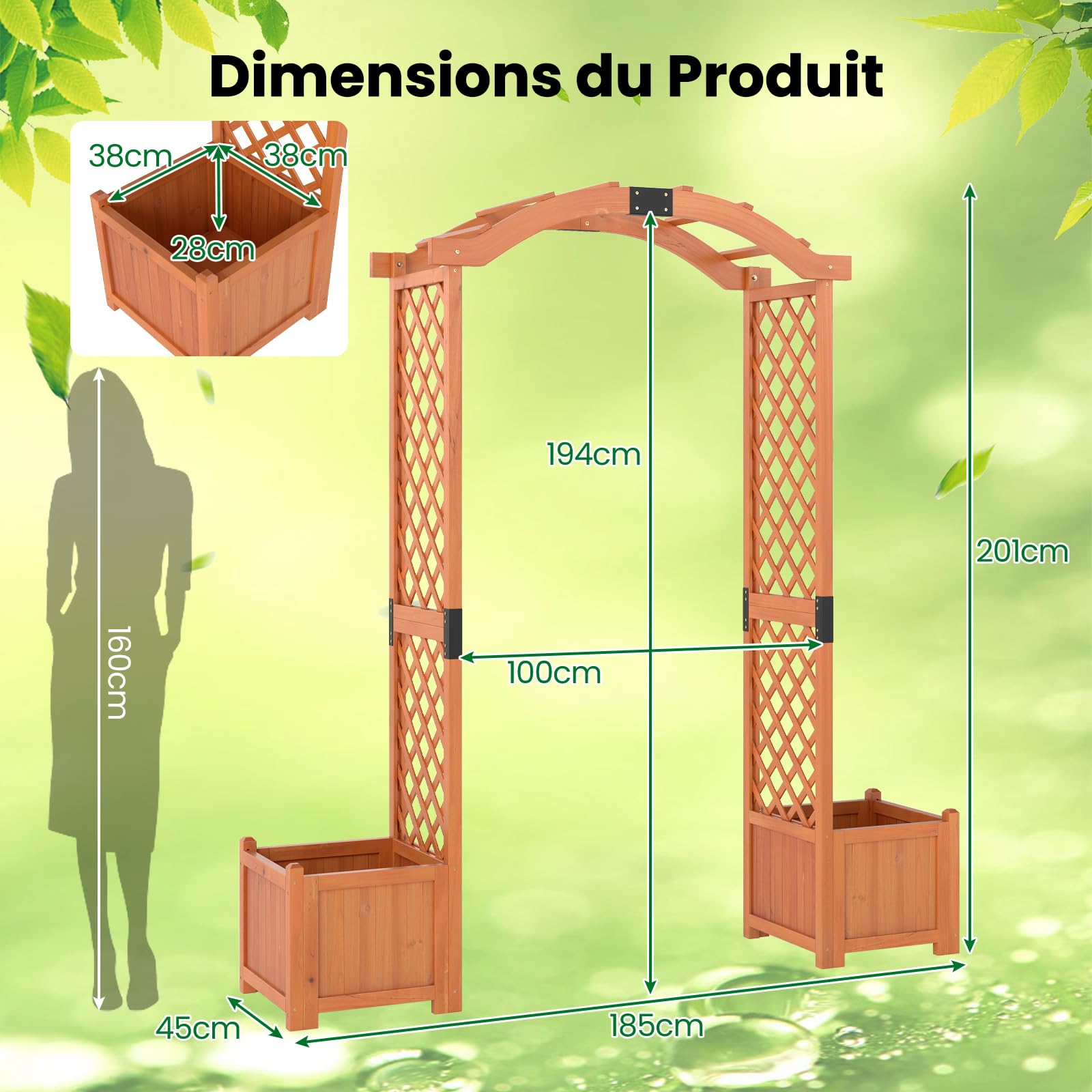 GOPLUS Arche de Jardin avec 2 Jardinières Surélevées 200CM,Jardinières avec Treillis Arqué pour Plantes Grimpantes Fleurs Herbes Légumes Fruits en Bois Massif, Porte Allée Jardin