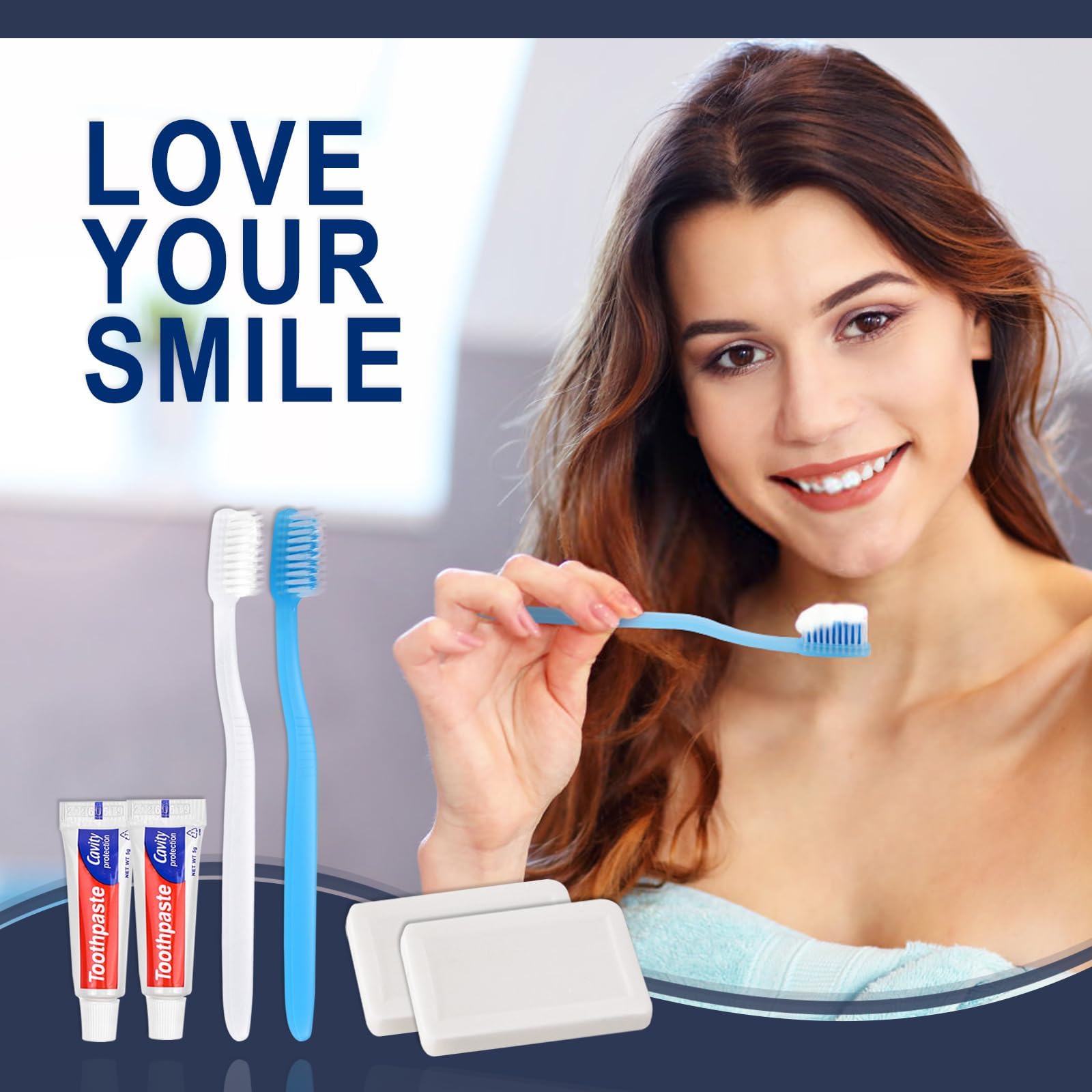 50 confezioni di spazzolini da denti usa e getta con sapone dentifricio confezionati singolarmente, 2 colori, barretta di sapone da 0,5 oz Dimensione viaggio hotel