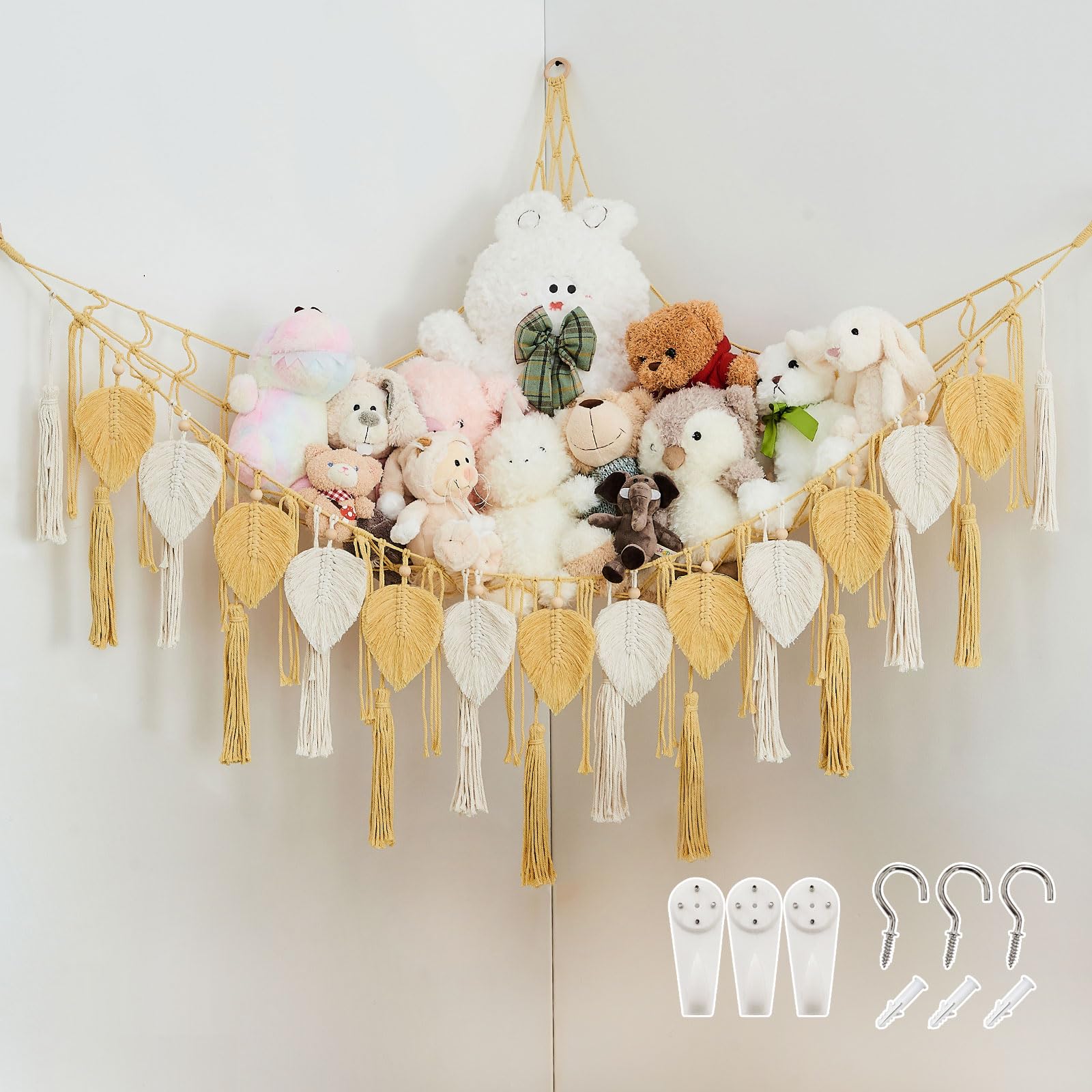 Pretty Jolly Stuffed Animal Storage with Hand Woven Leaf Tassels Hammock Corner Hanging Net Boho Macrame Plush Storage for Toys Kid Room Wall Nursery Decor for Girls Gift (Light Yellow)