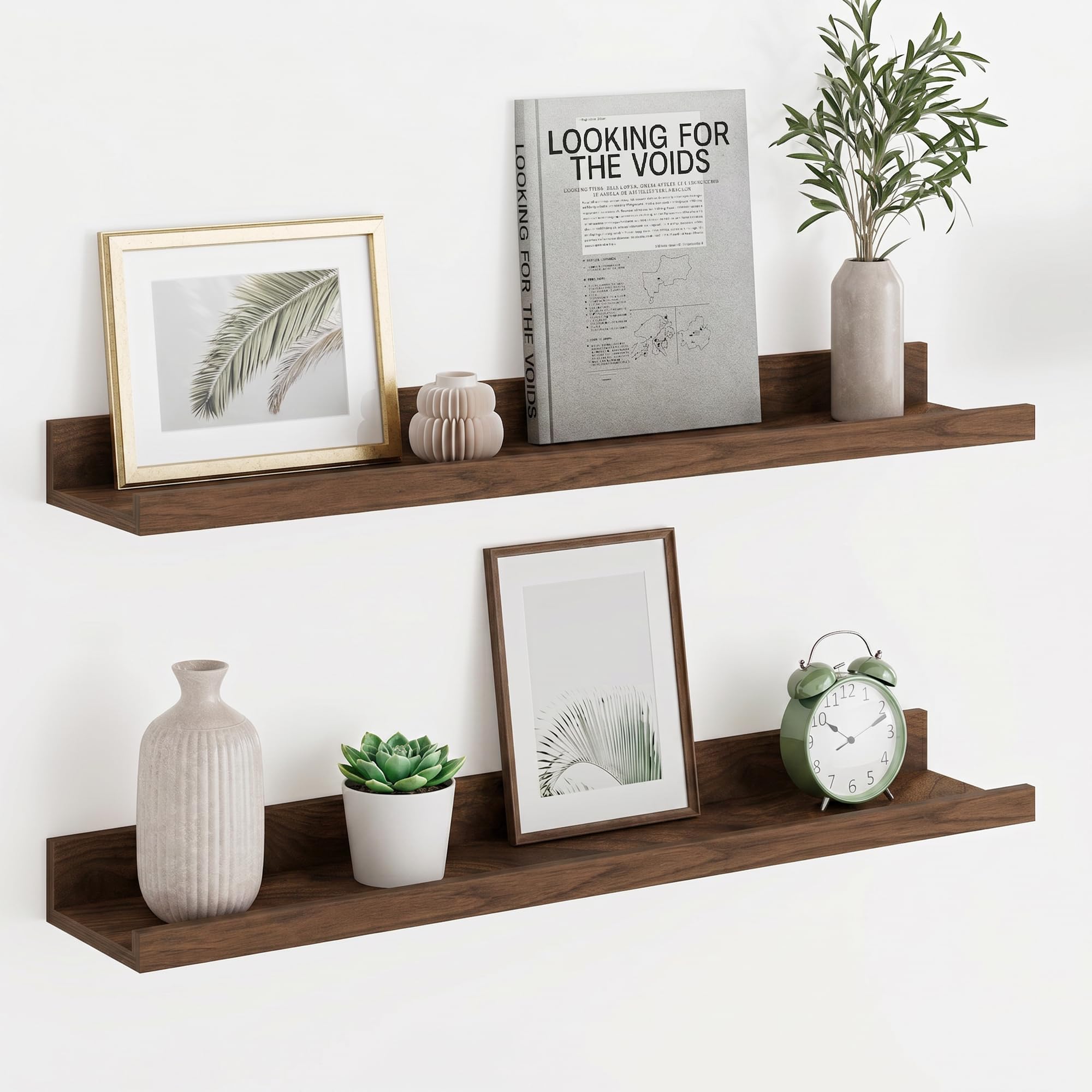 Floating Shelves set of 2, 60cm Wall Shelves, Walnut Shelves for Photo Frames Picture Books, Wooden Shelves for Wall Mount, Floating Shelf for Kitchen Bedroom Living Room Bathroom Nursery, Wall Décor