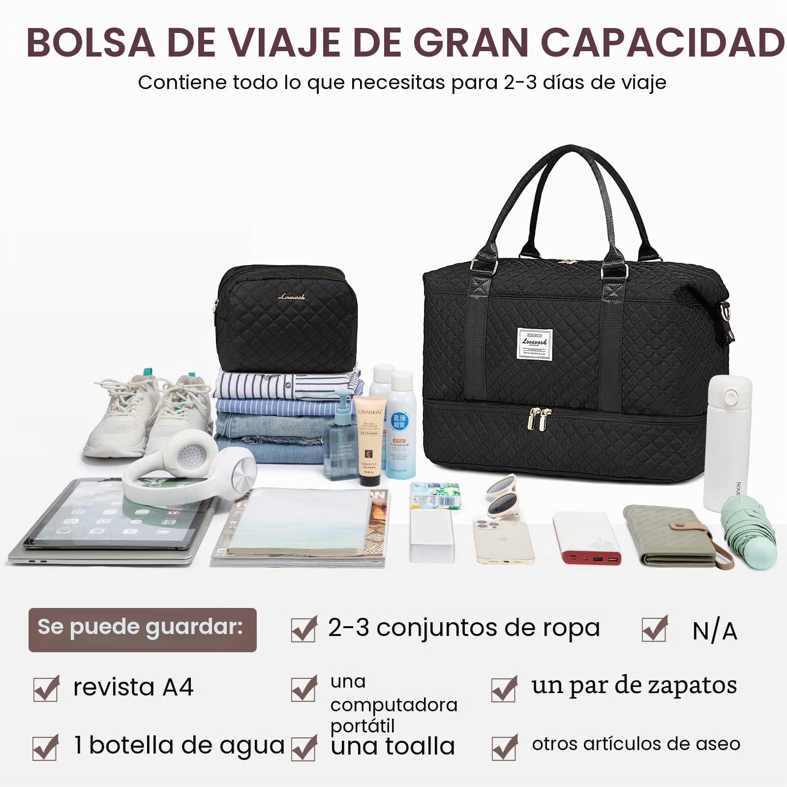 LOVEVOOK Bolsa de Viaje Mujer Bolsa Deporte Mujer Grande Maletas de Cabina Avion Travel Duffle Bag Bolso Maternidad Hospital Equipaje de Mano con Neceser Organizador para Viaje Gym Playa Sauna
