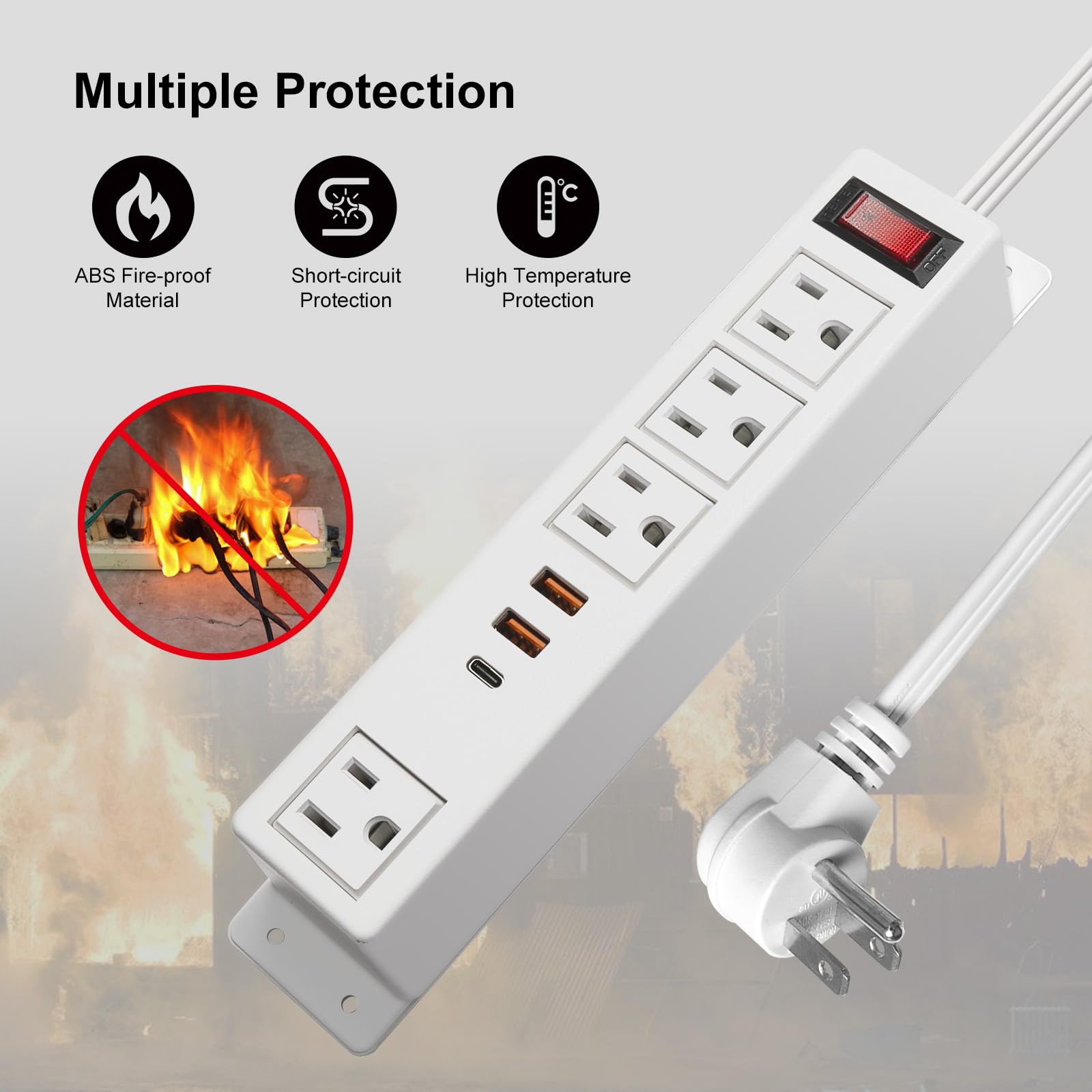 20W USB C Multi Outlet Wall Mount Computer Extension Cord 4 Outlets 3 USB Ports (2 QC USB-A & 1 PD USB-C) Flat Home Ports,
