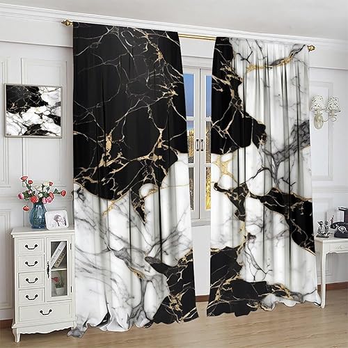 Miniatura 3 de Cortinas de mármol para dormitorio, arte abstracto moderno de lujo, textura de mármol blanco y negro, tratamientos de ventana para sala de estar,