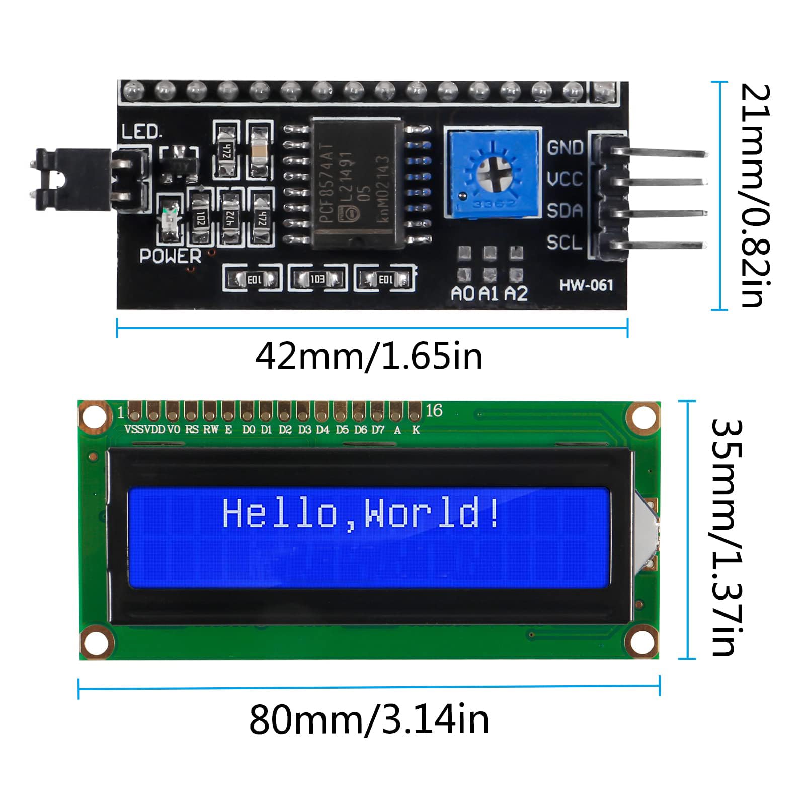 Paquete de 20 módulos de pantalla LCD LCD1602 de 16 x 2 caracteres en fila de caracteres con retroiluminación azul, módulo LCD PCF8574T PCF8574 IIC I2C para Raspberry Pi Arduino STM32 DIY