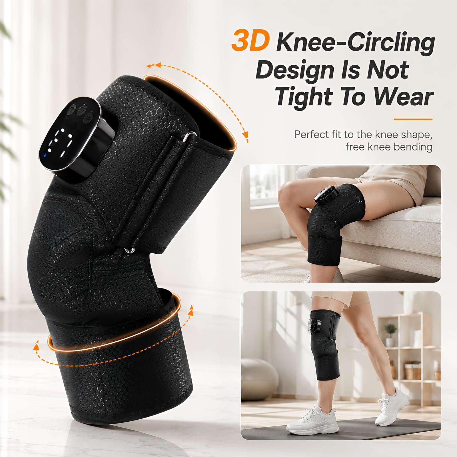 Kniemassagegerät mit Wärme, 3-Zonen Airbag Kniewärmer, Kabellos 2000mAh