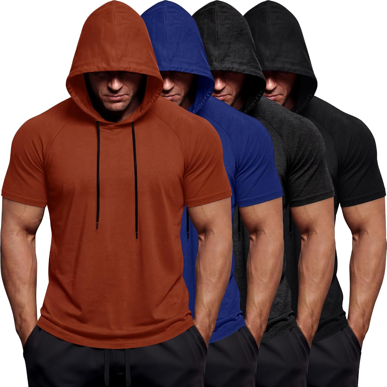 4 Pack Men's Big and Tall Hoodies Short Sleeve Workout T Shirts Athletic Running Pullover Sweatshirt