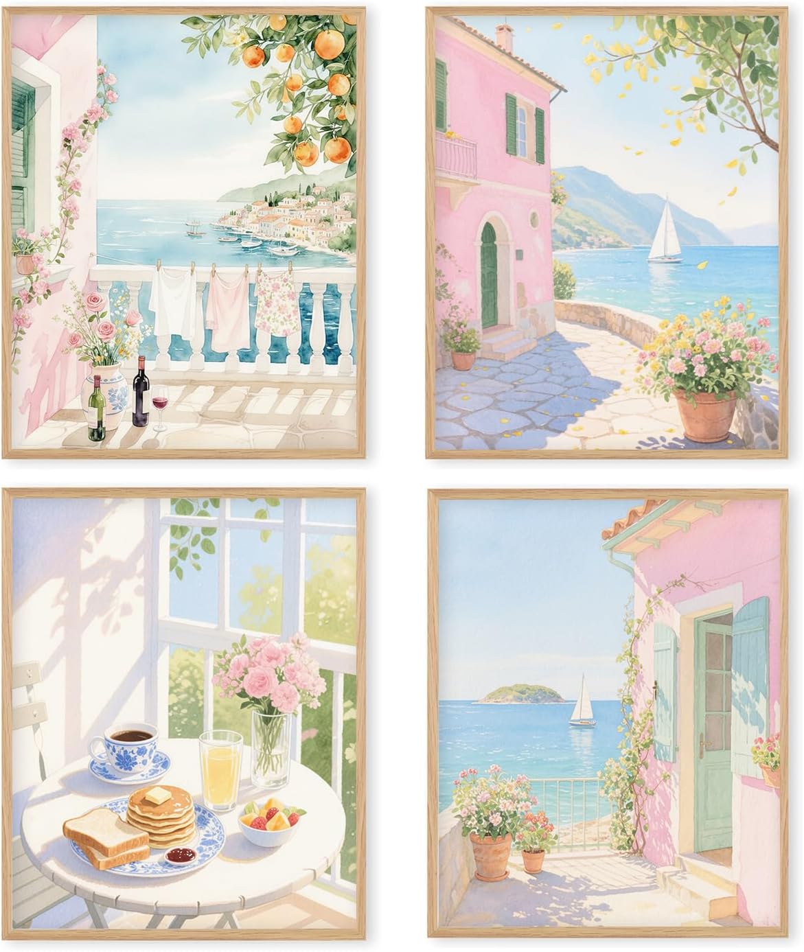 Boat Wades Italian Coastal Wall Art Prints Set of 4, Summer Mediterranean Beach House Travel-Inspired Posters Pictures Wall Decor for Home Bedroom Living Room Office, 8x10 Unframed