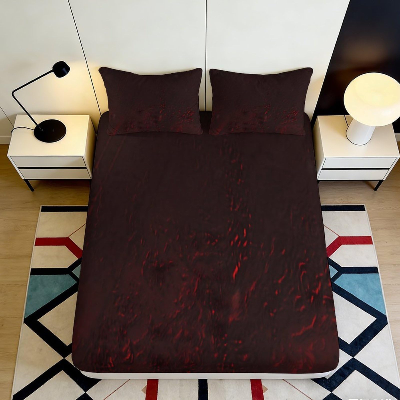 3D Printed Dark Marble Fitted Sheet Microfiber Soft Durable Red Texture Bed Cover for Bedroom Dorm Mattress Protection Decor 200x200x25cm
