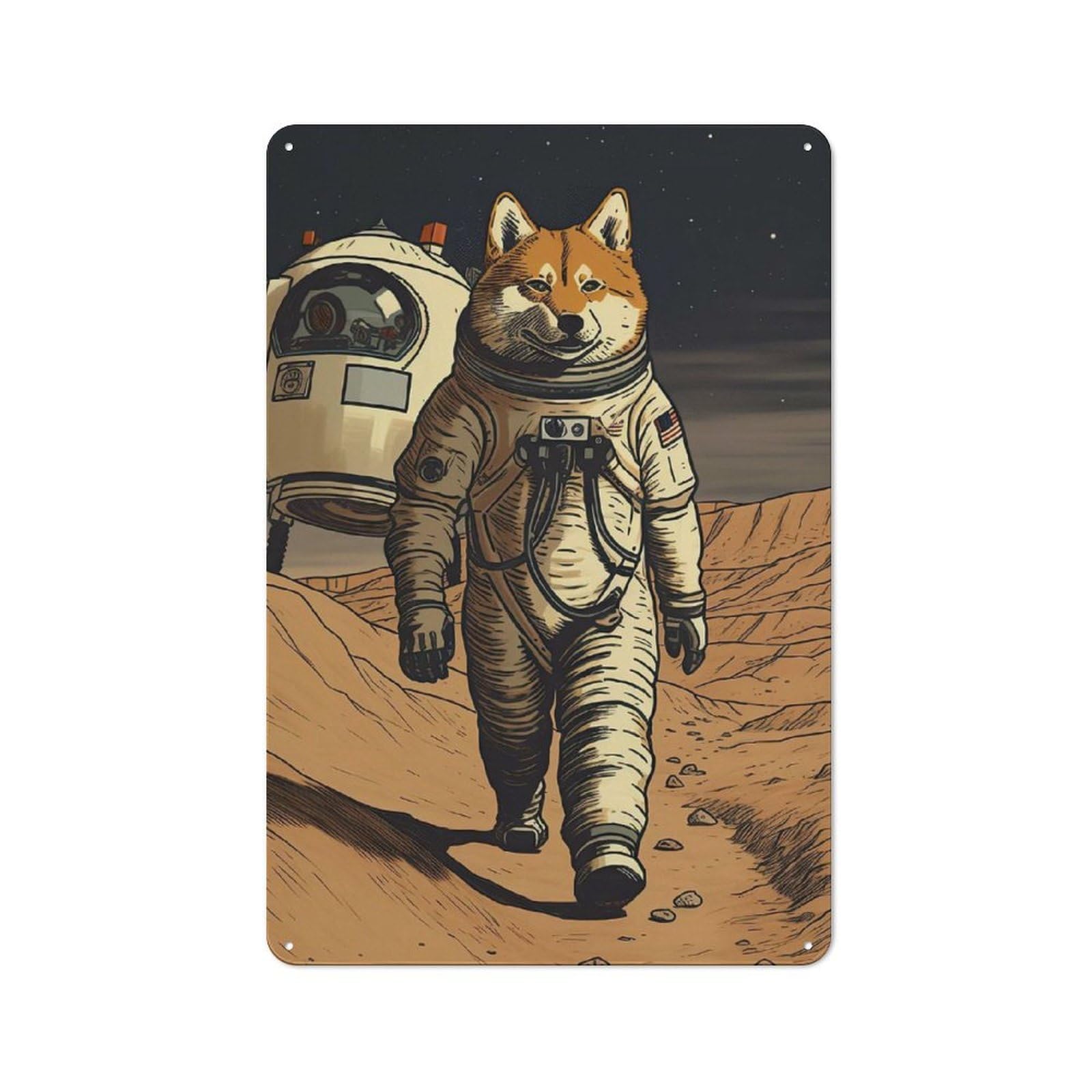 Nostalgic Shiba Inu Astronaut Mars Metal Wall Sign 30x20cm, Classic Pub Decor for Bar, Kitchen, Garage Or Games Room
