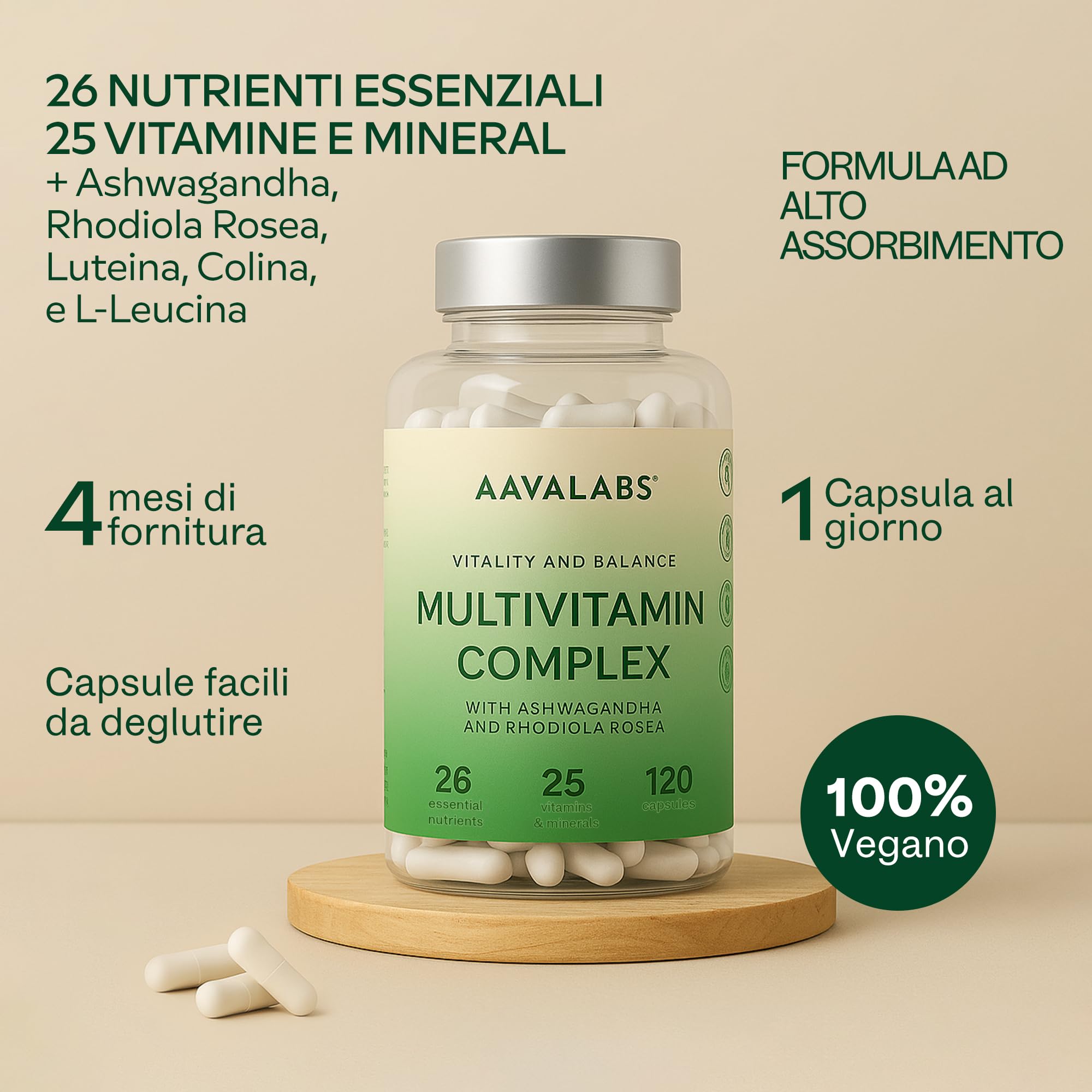 Multivitaminico Completo 25 Vitamine e Minerali Ashwagandha Rhodiola Rosea, Integratore Multivitaminico Donna Uomo Difese Immunitarie Adulti Vitamina D Vitamina C Zinco Magnesio e Potassio -120Capsule