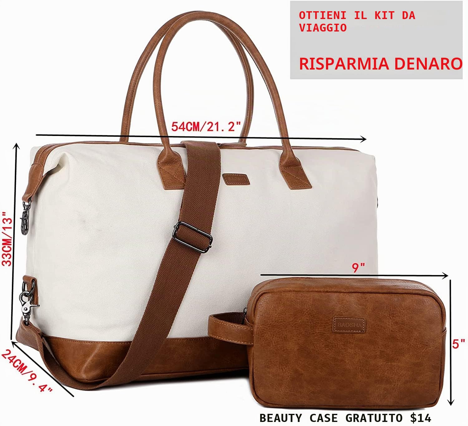BAOSHABorsa da viaggio grande con beauty case HB-14, Beige/Bianco
