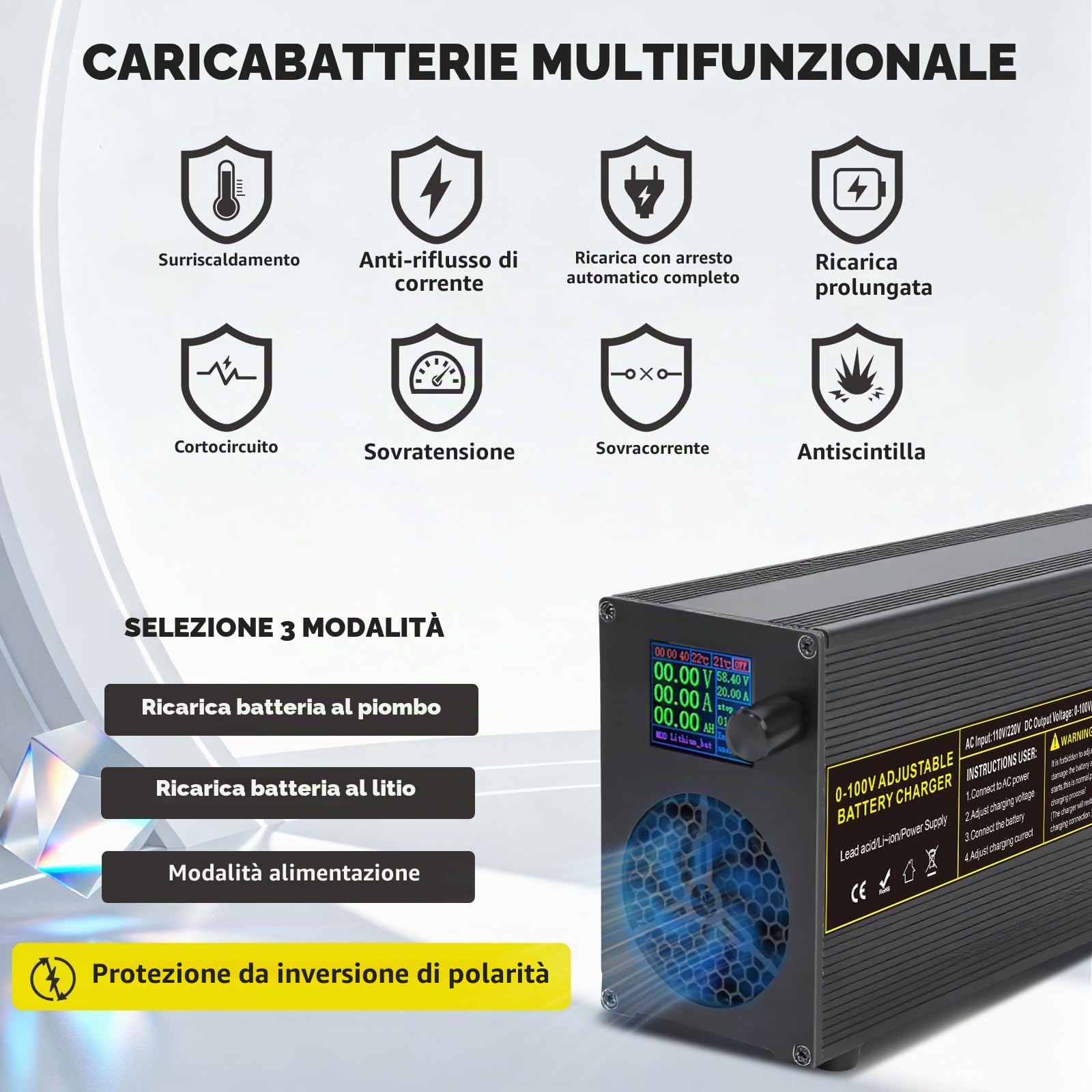 0-100V 0-20A Caricabatterie Regolabile per LiFePO4, Batterie al Litio e al Piombo-Acido – Caricabatterie Universale Intelligente con Display a Colori, Connettore Anderson e Pinze a Coccodrillo
