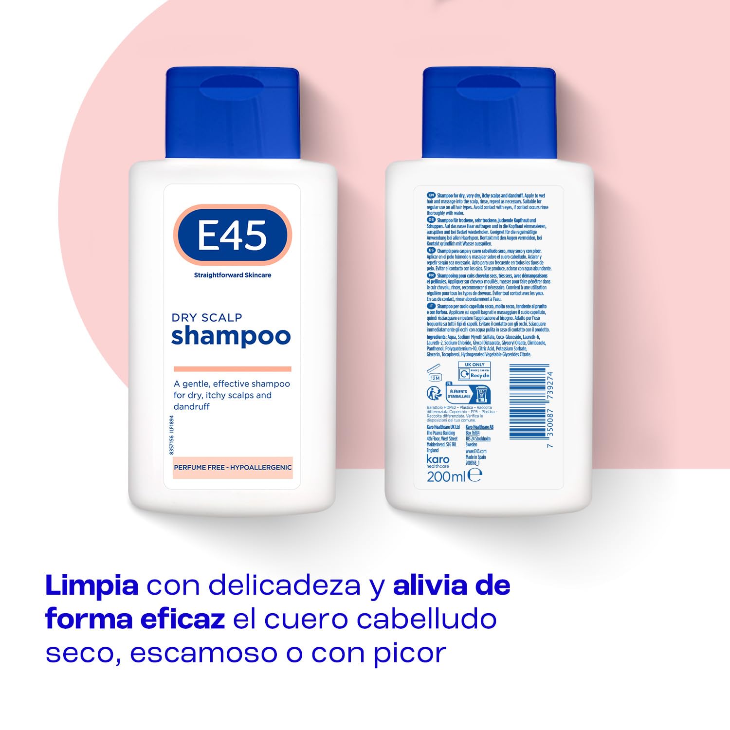 Champú E45 para cuero cabelludo seco - Alivio e hidratación con Pro Vitamina B5 - Anticaspa - Cabello limpio y brillante - Sin fragancia