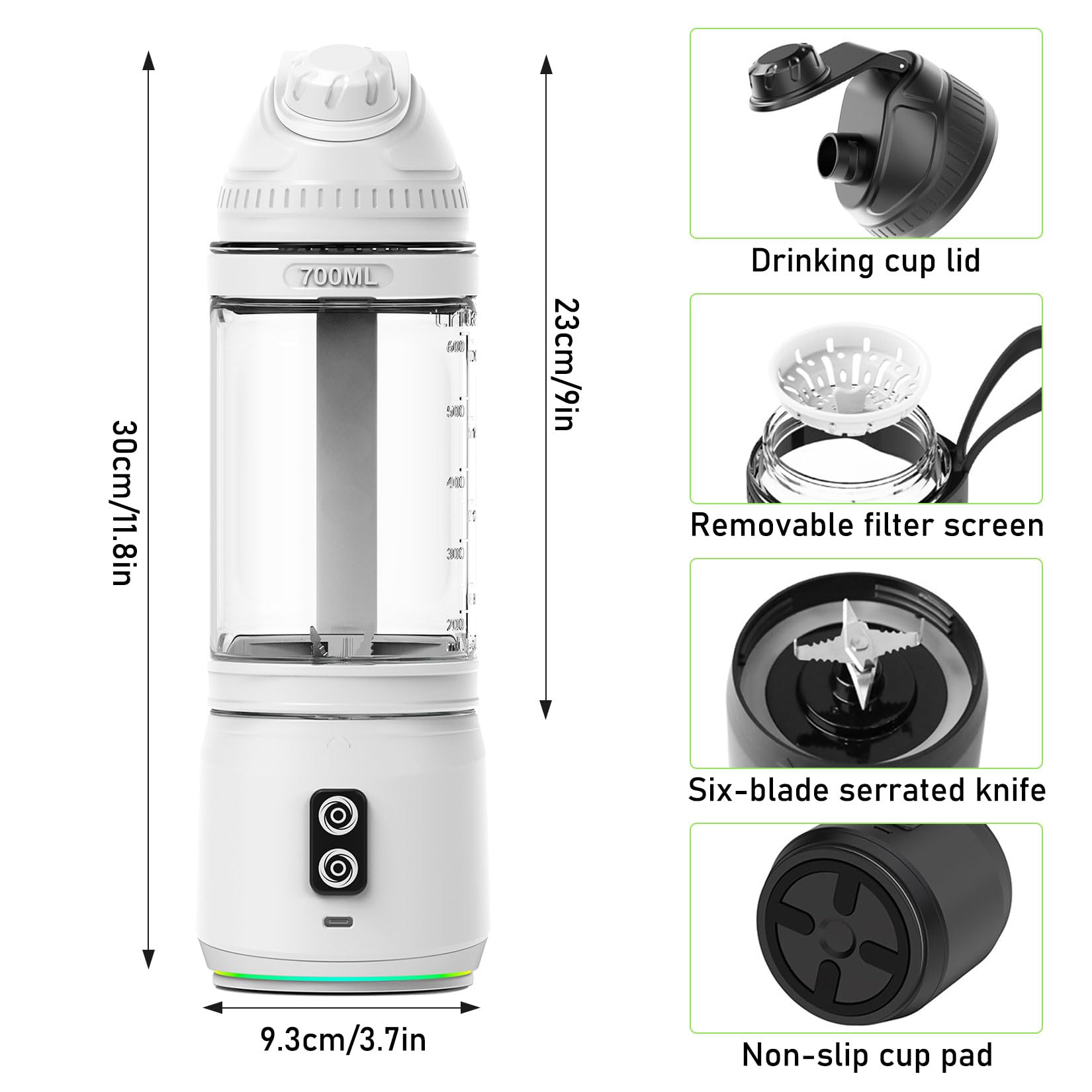 Herbst Frullatore portatile da 700 ml, frullatore per smoothie to go, Fresh Juice Mixer Flacone con 6 lame e USB ricaricabile (bianco)