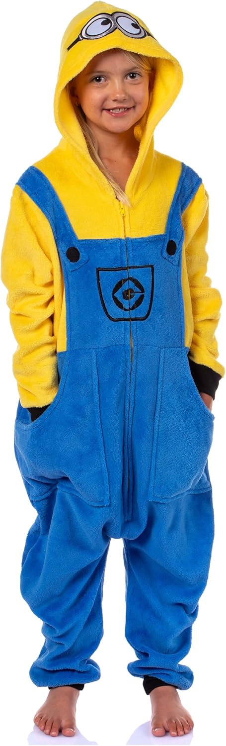 Despicable Me Minions Kids Bob The Minion 1 Piece Union Suit Footless Hooded Pajama For Boys or Girls