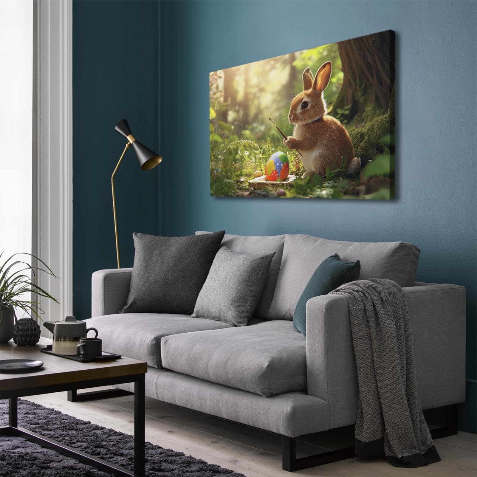YUNART Wielkanocny królik płótno sztuka ścienna obraz wielkanocny jajko wielkanocne wiosna las plakat z nadrukiem płótno grafika łatwa do zawieszenia dekoracja domu 50 x 75 cm rama wewnętrzna