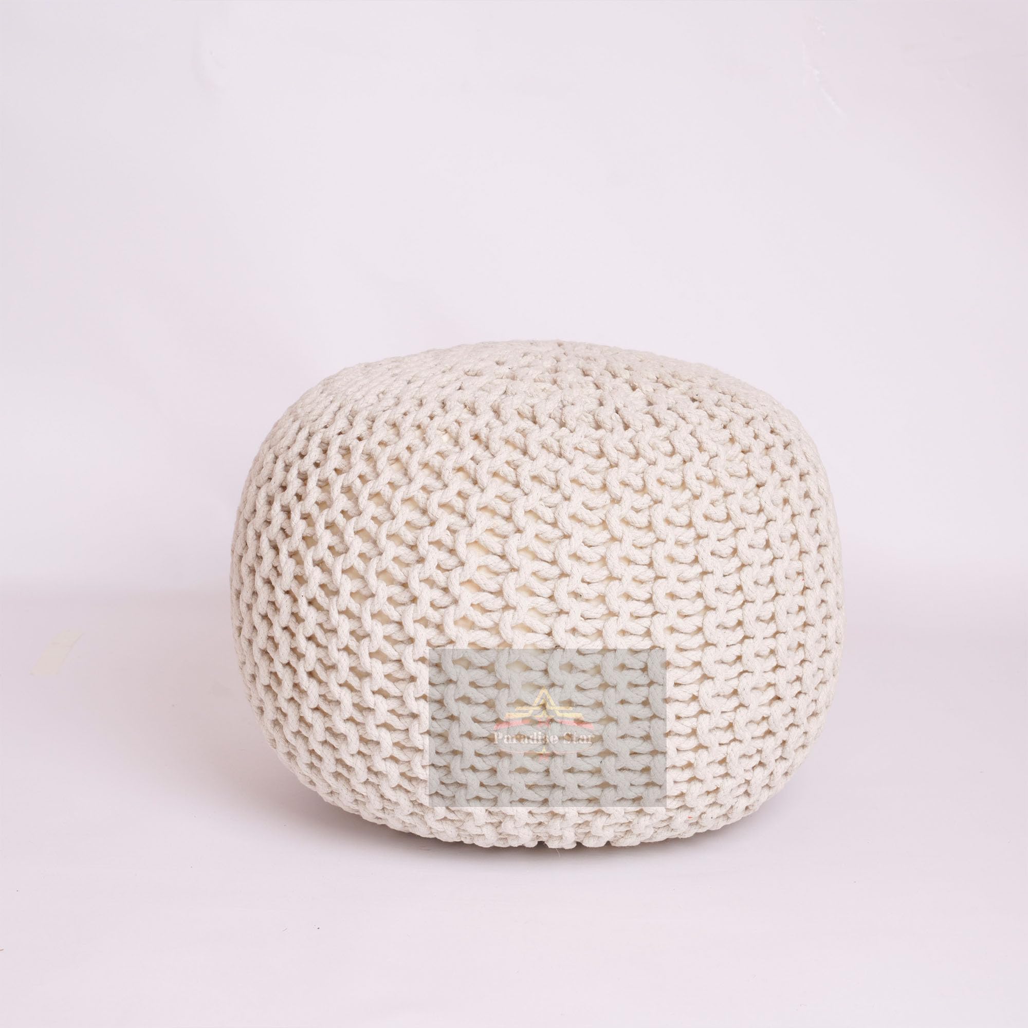 PARADISE STAR Chunky Knitted Round Large 100% Cotton Pouffe Footstool Ottoman Handmade Knitted Pouffe Children Adults Kids Living Room COLOUR CREAM