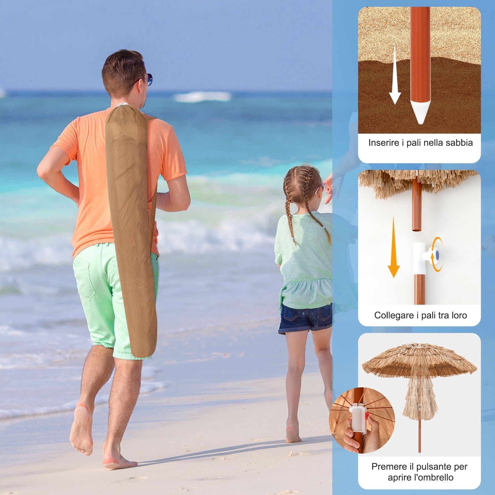 GYMAX Ombrellone Paglia PP, Altezza Regolabile, Angolo Inclinabile, Parasole Ombrello da Esterno con 8 Stecche, Borsa di Trasporto, per Giardino, Piscina, Mare, Terrazzo