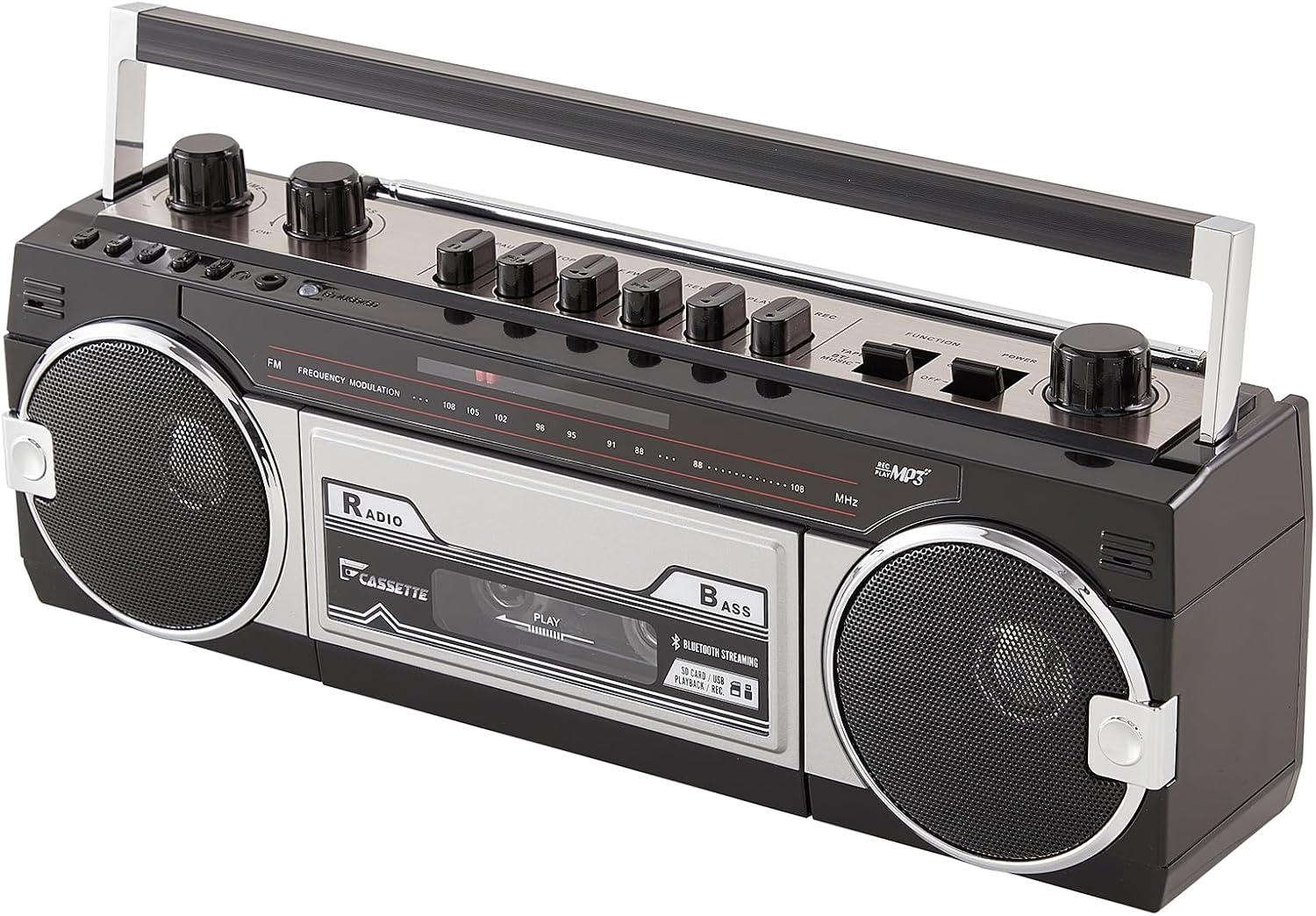 Retro Cassette Player, Portable FM Radio with BT, USB/SD MP3 Playback, Recording Function, Built-in Speaker & Microphone, Volume & Bass Control, 3.5mm Earphone Jack