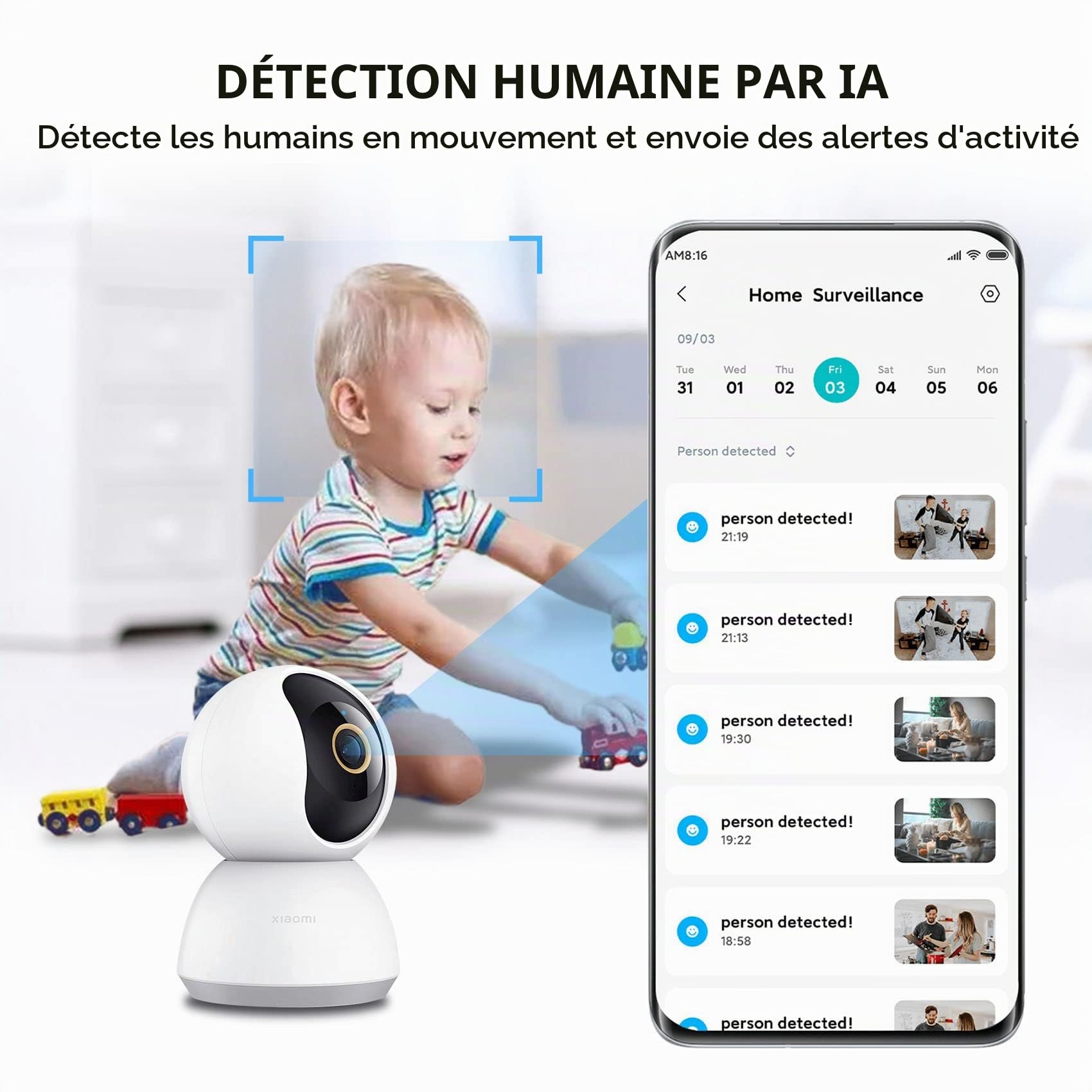 Xiaomi Mi Smart Camera C300 Caméra Surveillance WiFi Intérieure Caméra 360°, Détection Humaine AI Suivi Intelligent Sirène Audio Bidirectionnel, pour Bébé et Animaux