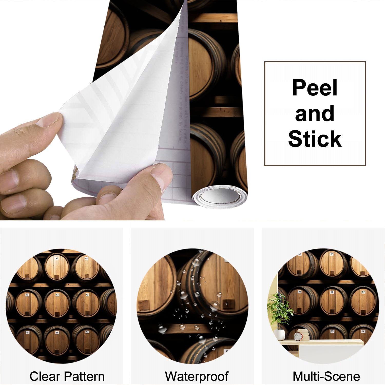 Wall Mural Wallpaper Stack Wooden Whiskey Barrels Peel and Stick Wallpaper Self Adhesive Sticker Wrap Removable Vinyl Film Roll Paper Bedroom Decor