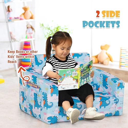 Miniatura 7 de COSTWAY Sofá para niños, sofá convertible 2 en 1 para niños con bolsillo de almacenamiento lateral, sofá abierto y cama con patrones de corte,