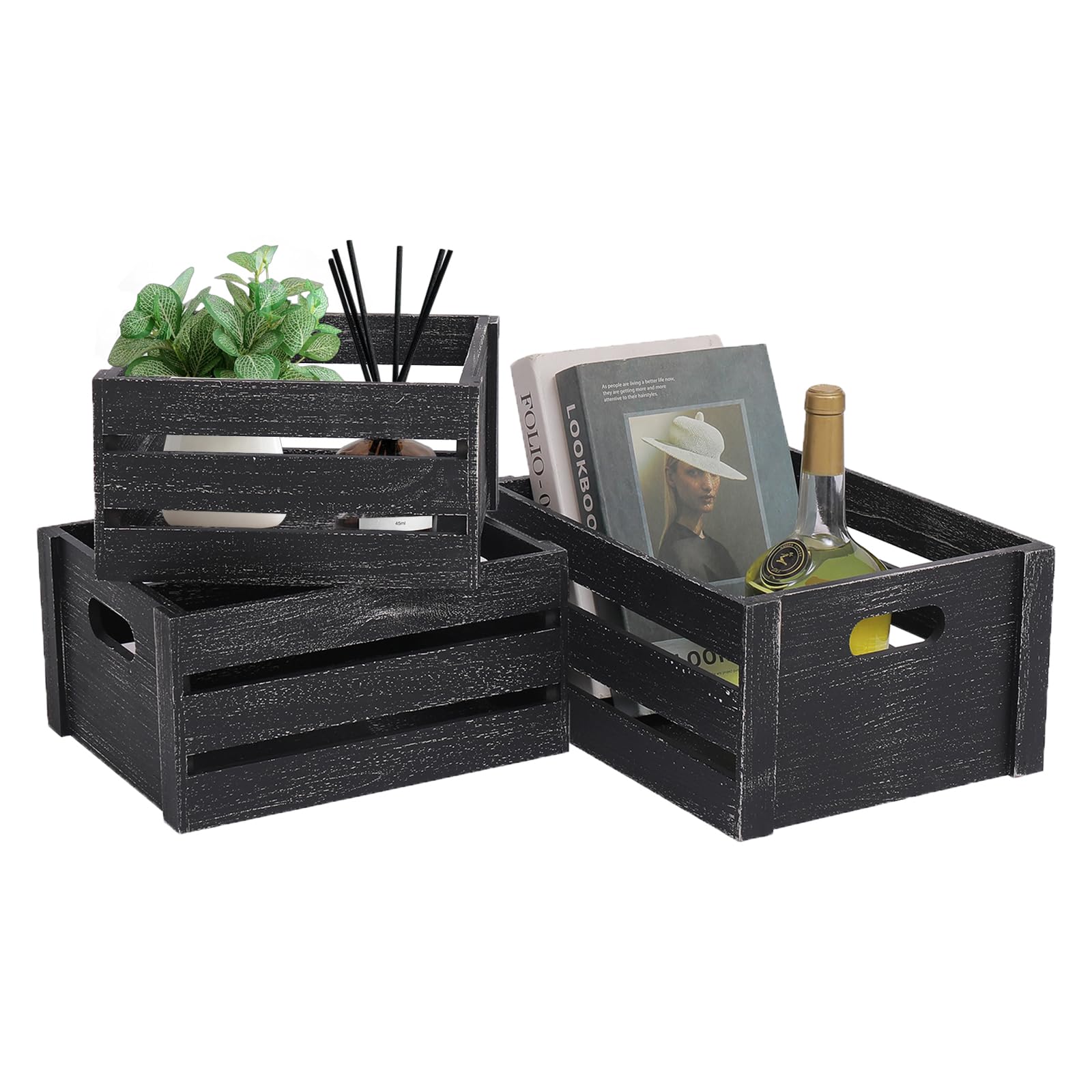 Panier de jardin de grande capacité en bois noir et lot de boîtes de rangement déco