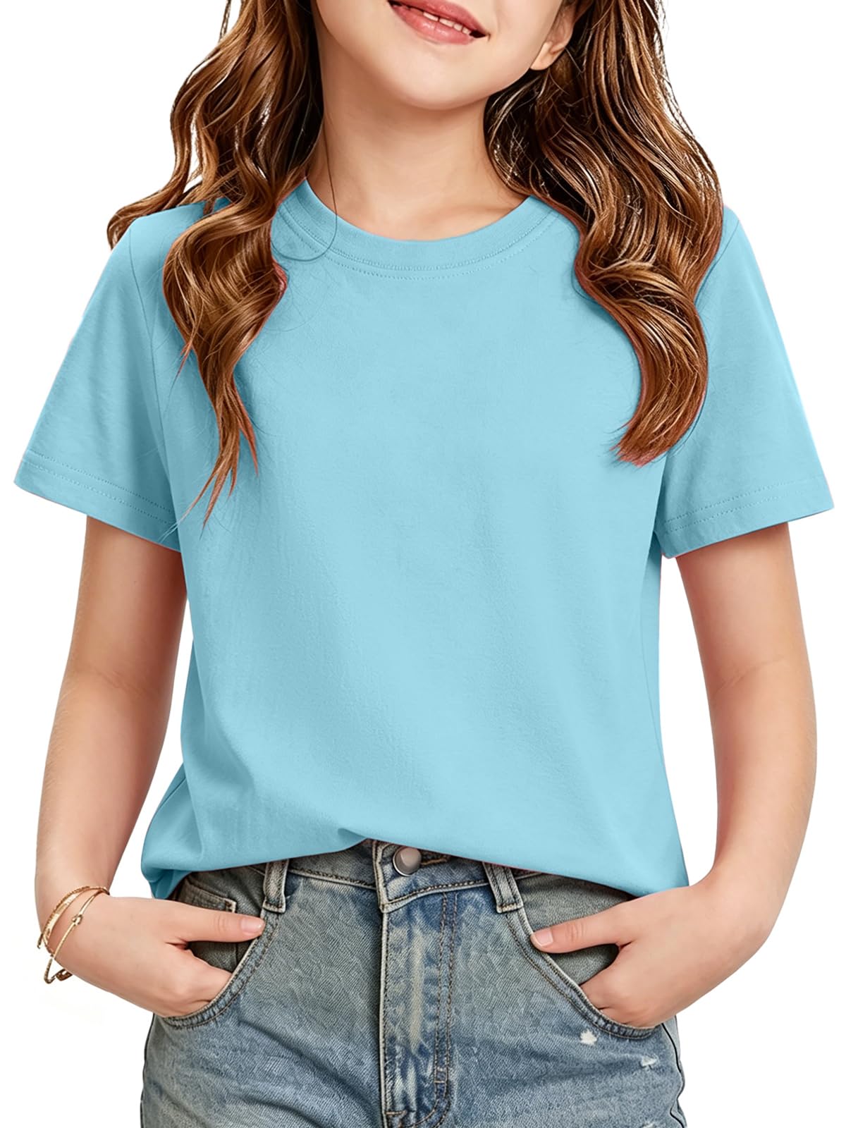 HOTIAN Camisetas para niña Verano Cuello Redondo Algodón Manga Corta Tops Liso Casual Deportes Manga Corta Tops Tees — view 12