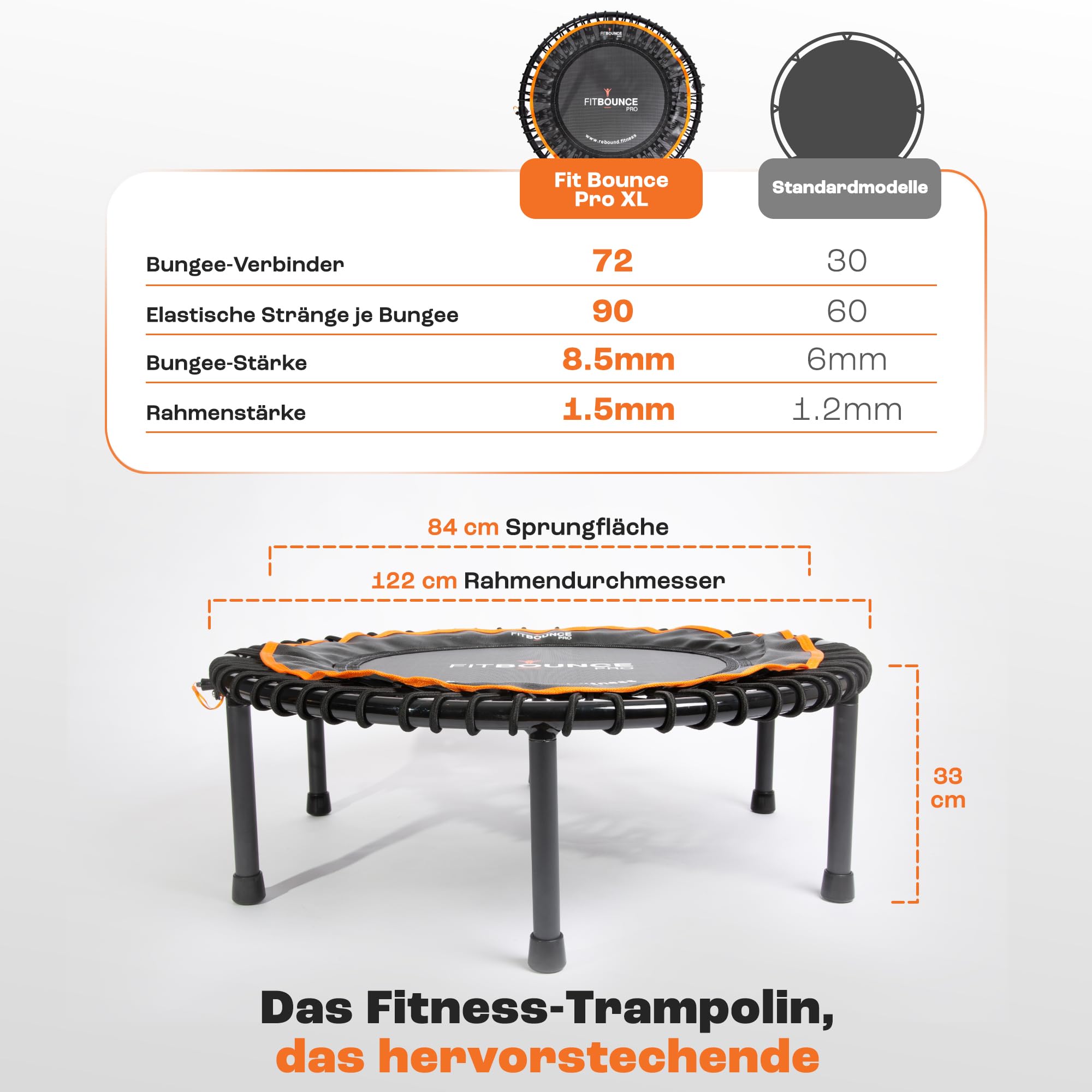 FIT BOUNCE PRO XL Bungee Rebounder ist ein klappbares geräuschloses orthopädisches Qualitäts Indoor Mini Trampolin für Erwachsene und Kinder |DVD|extrabreite Sprungfläche Zugelassen für Physiotherapie