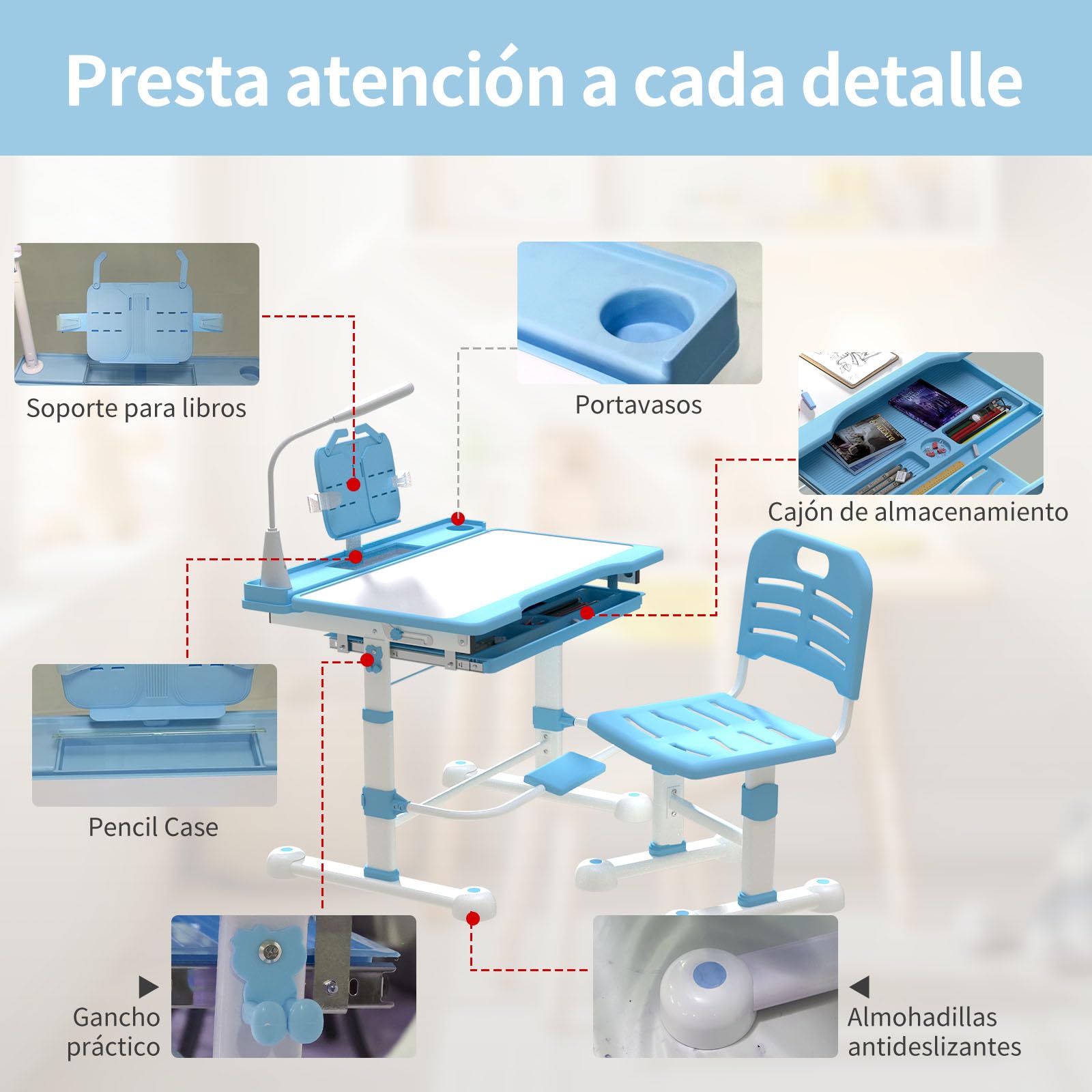 Escritorio Infantil 6-12 Años con Luz LED y Tablero Inclinable - Pupitre Infantil Ajustable en Altura, Escritorio Niño Niña para Estudio, Deberes, Lectura - [Azul]