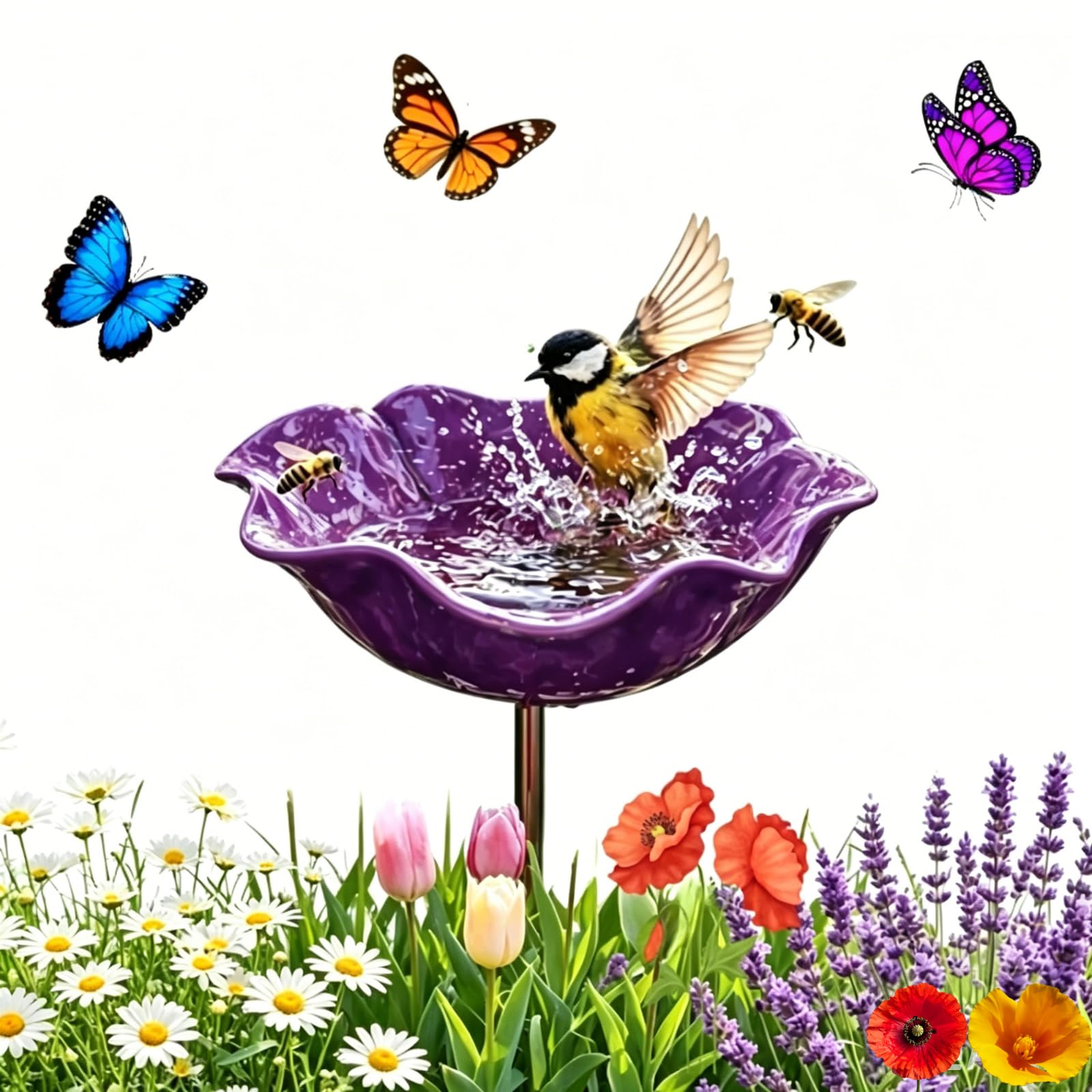 Metal Flower Garden Stakes Bird Bath | Everlasting Blooms, Handmade Metal Flower Garden Stake with Bird Bath, Bee Butterfly Water Station, Outdoor Lawn Stake for Nature Lovers