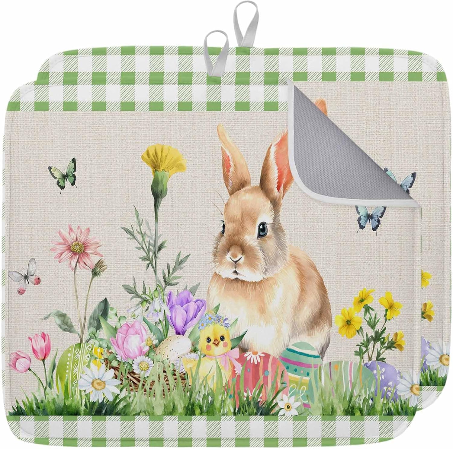Spring Easter Rabbit Eggs Aand Flowers Dish Drying Mats for Kitchen Counter,Absorbent Microfiber Dish Drainer Rack Mat Farm Retro Burlap and Lattice Drying Pad for Sinks,Utensils,Countertops,18x24in