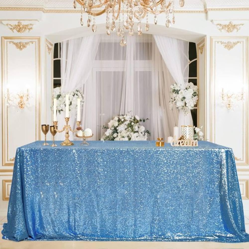 Nappe à paillettes dorées mariage décoration table rectangle bleu ciel