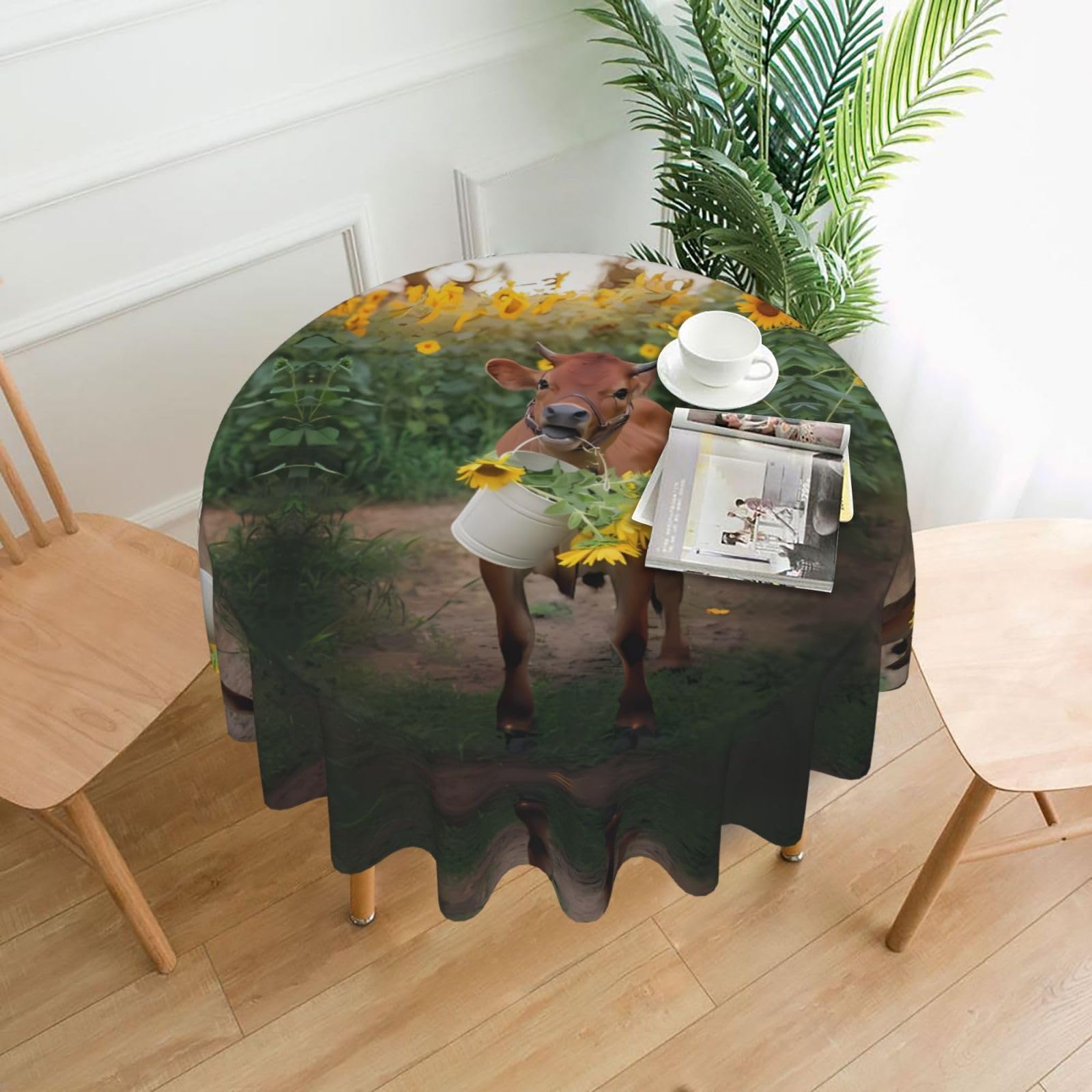 WHJSSF cow in sunflowers Prints Round Decorative Table Throw 60 Inch – Waterproof Table Cover for Dining, Coffee Tables, and Outdoor Events