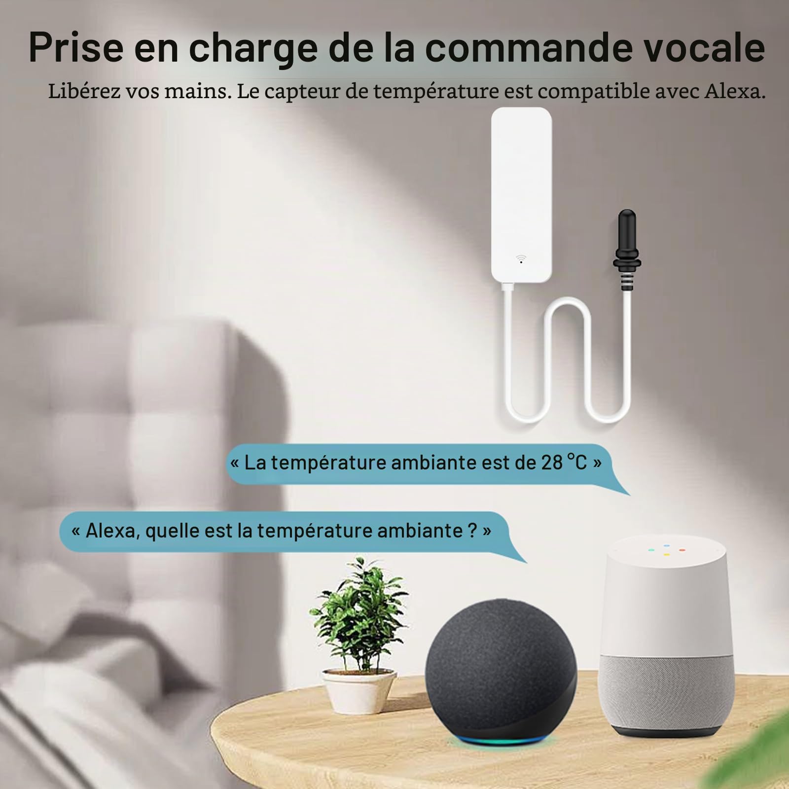 Lot de 4 thermomètres intelligents - Capteur de température WiFi avec sonde externe - Thermomètre de fonction météo - Hygromètre - Pour congélateur, aquarium, alarme d'application, moniteur à distance