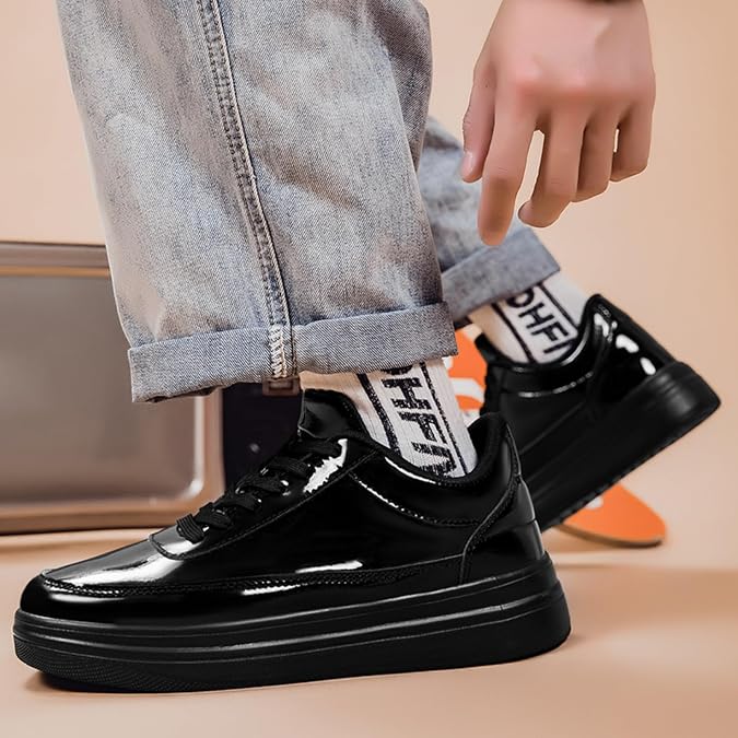 Men's Shiny Low-top Skate Shoes, Mirror-Textured Trendy Casual Shoes, lace-up Thick-Soled Streetwear Versatile Shoes, Suitable for Parties, Stage Performances and Night Out Outfits.