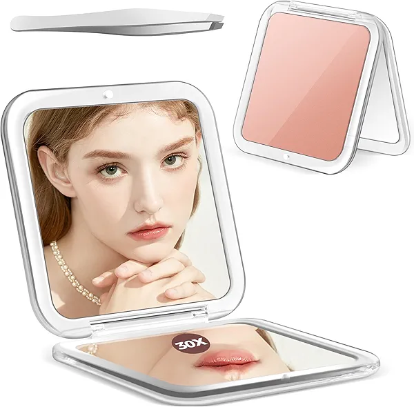MIYADIVA Compact Mirror, 30X Magnifying Mirror, Pocket Mirror for Purse, Travel Makeup Mirror with 30X/1X Magnification, Travel Essentials Mirror, Precision Tweezers, for Women (Rose Gold)