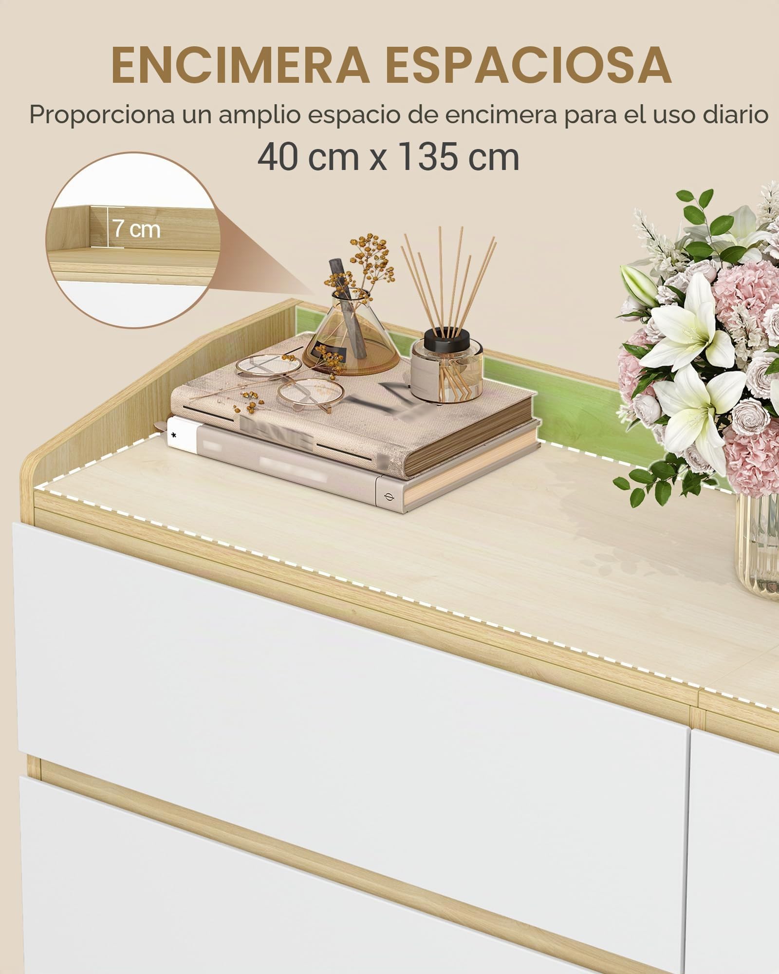 Hzuaneri Cómoda, Cajonera Dormitorio de 6 Cajones, Armario Auxiliar con Superficie de Trabajo, Estilo Moderno, para Salón, Dormitorio, Pasillo, 40 x 138 x 84 cm, Blanco-Roble DC32631X