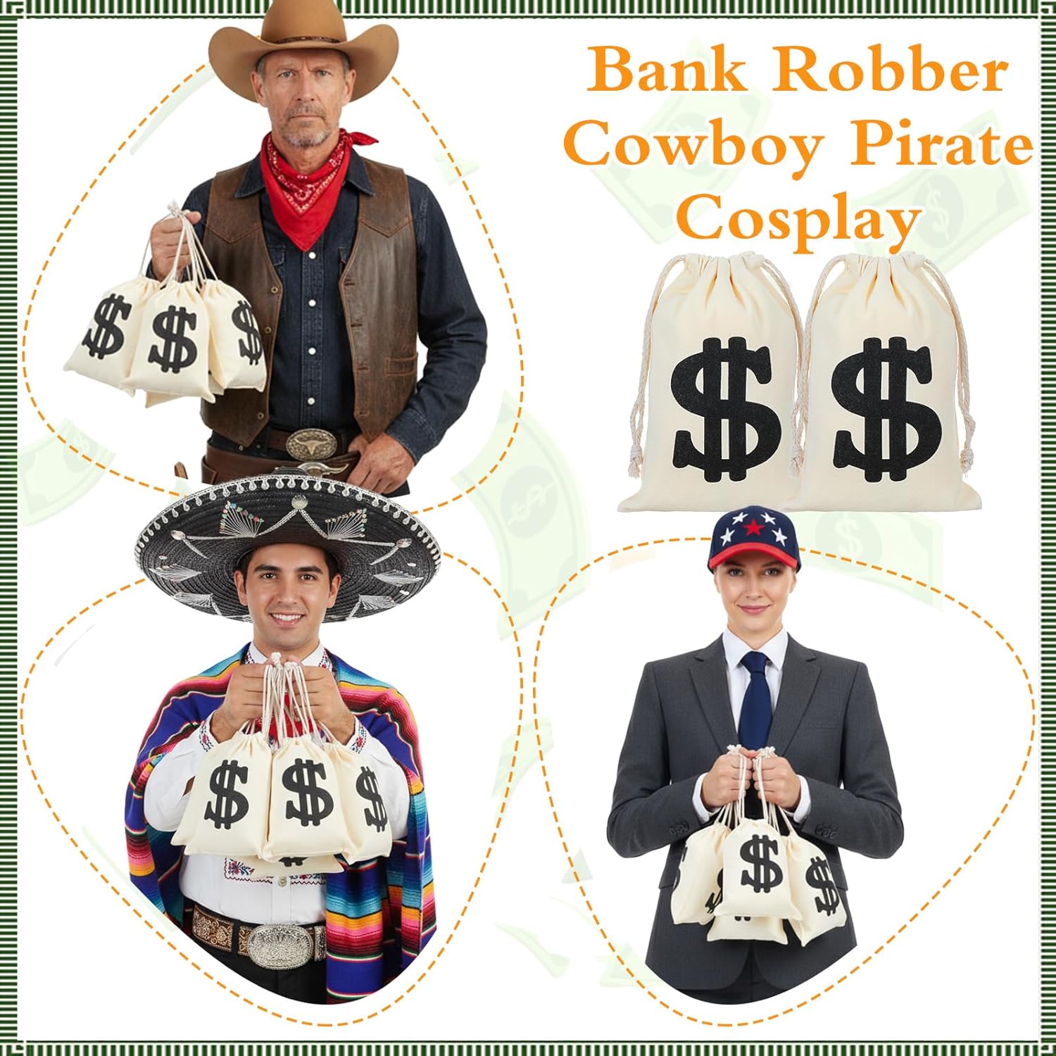 MAQUITA 20 Pcs Canvas Money Bag Pouch with Drawstring 9 x 6.3 Inches Carrying Sack Money Bag Prop with Dollar Sign for Birthday Halloween Cosplay Theme Party Supplies (Beige)