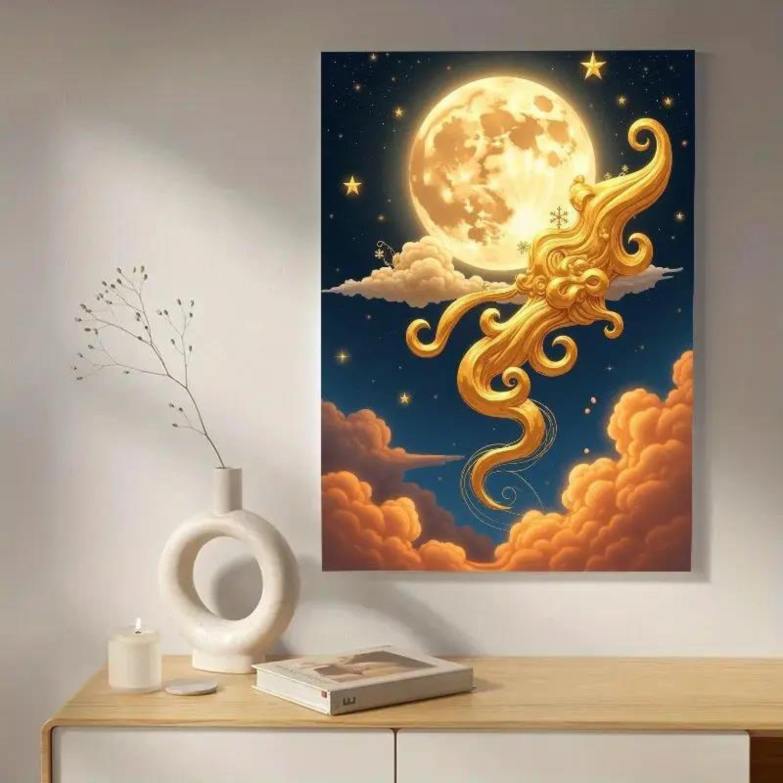 Yocheng Canvas Wall Art - Whimsical Moon & Clouds Night Scene Abstract Art Print 21x30cm No Frame