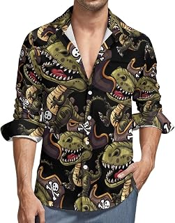 Dinosaur Piratees Jolly Roger Men's Dress Shirts Long Sleeve Golf Shirts Casual Button Down T-Shirt for Athletic Business