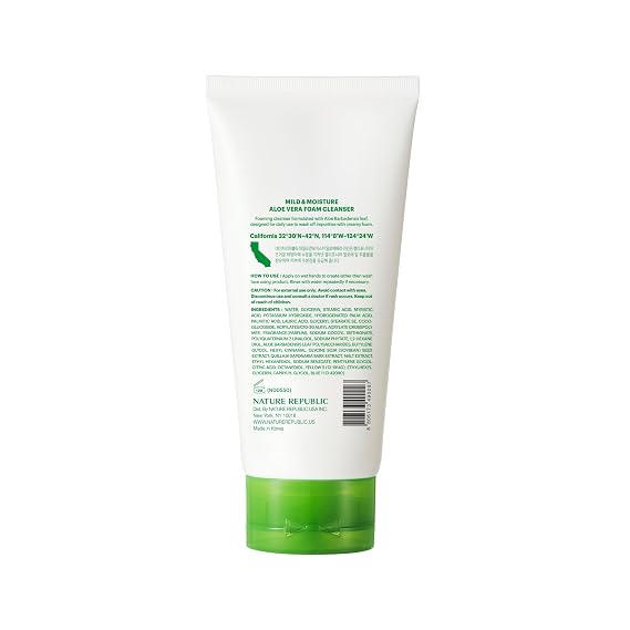 Nature Republic Mild & Moisture Aloe Vera Foam Cleanser | Hydrating Facial Cleanser, Gentle Makeup Remover & Pore Cleansing Face Wash, Korean Skincare for All Skin Types (150ml / 5.07 fl oz)