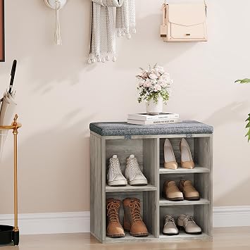 Shoe Bench with Padded Seat, 20 Shoe Storage Bench with Adjustable Shelves & Side Pockets, 5 Cubes Storage Organizer for Entryway, Porch, Mudroom, Hallway20x12x21, Gray