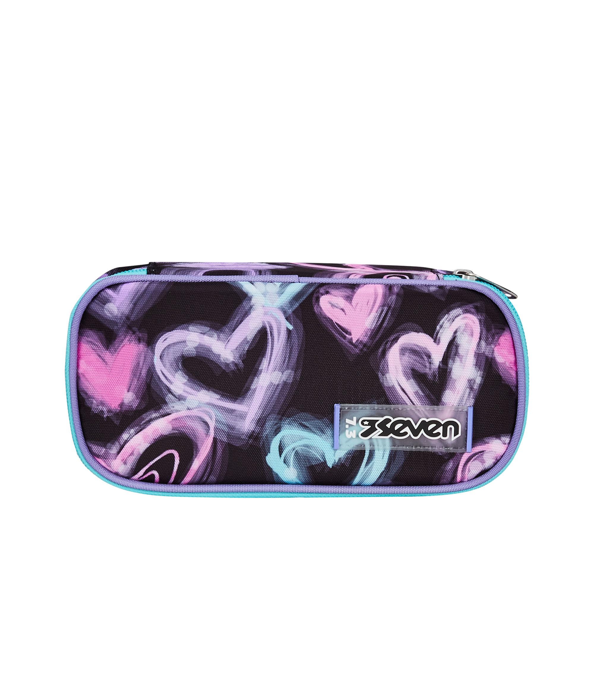 Seven Portapenne Scuola Round Plus, Nero. Rosa, Brilliant Heart, Bustina Ovale Con Tasca Interna ed Elastici Porta Penne, Accessori Zaino, Elementari, Medie, Superiori, Bambina Ragazza