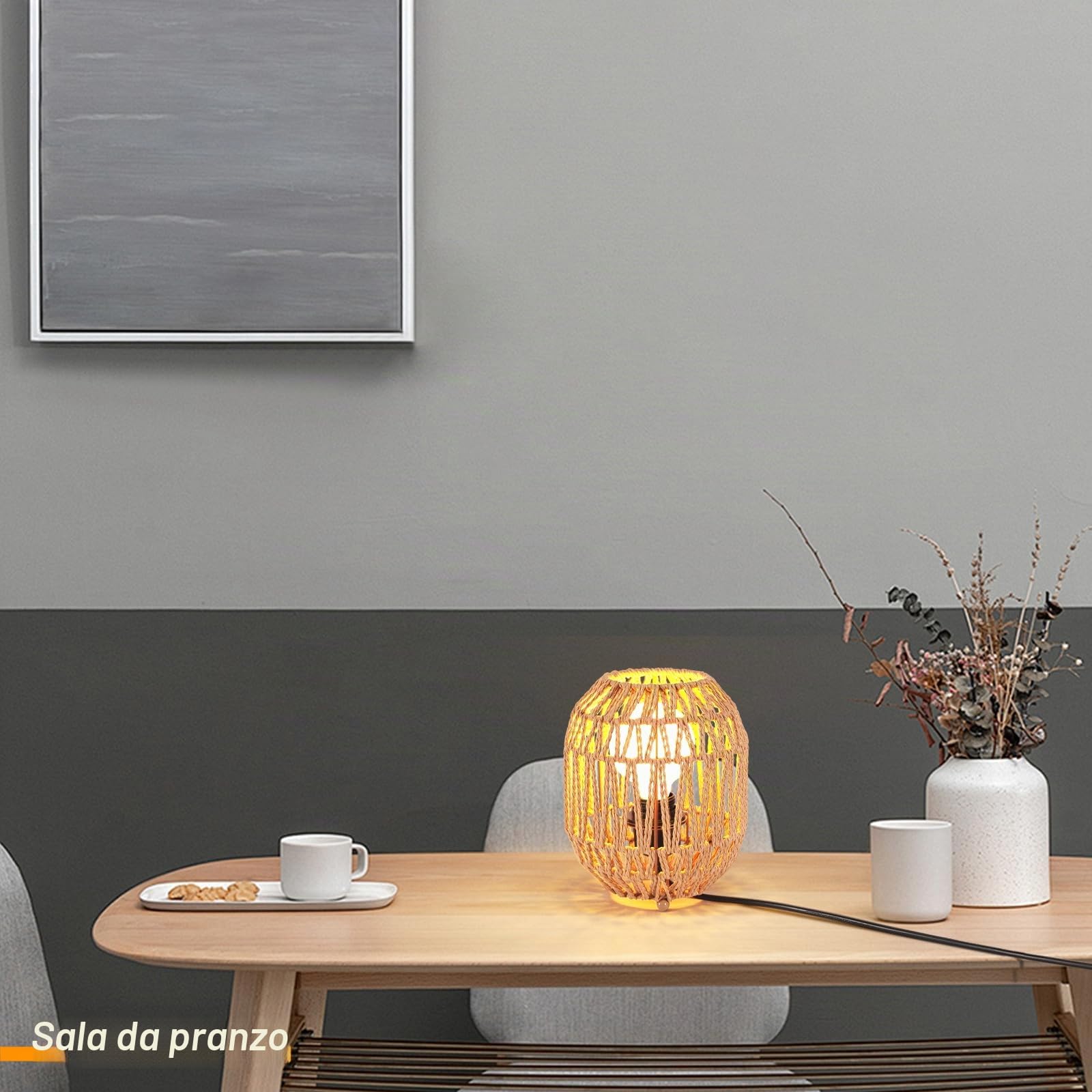 2 Pezzi Lampada da Tavolo Intrecciata Lampada da Comodino Stile Boemia Paralume in Metallo Rattan Lampada Vintage Illuminazione Da Tavolo Luce Notturna per Camera da Letto Ufficio Lettura