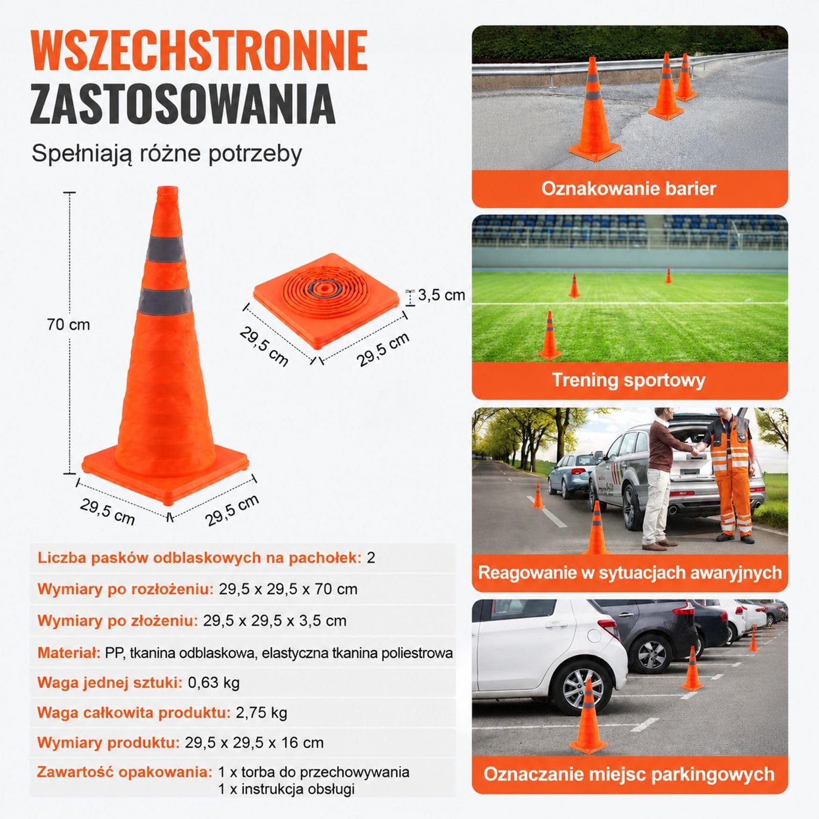 4 sztuki składanych pomarańczowych pachołków drogowych z szarymi pasami, szeroką podstawą i torbą do przechowywania